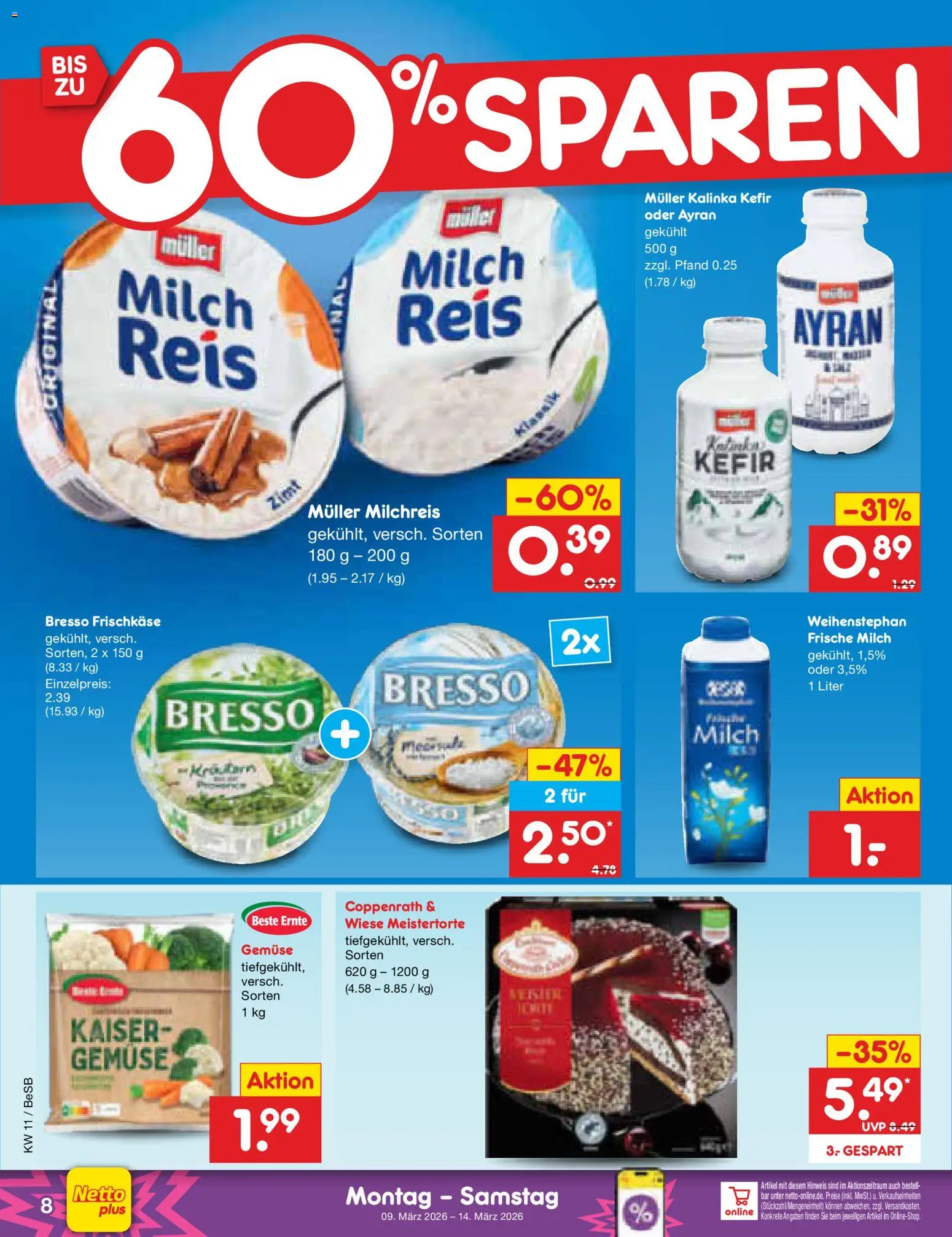 Netto Marken-Discount Prospekt 	 – gültig ab 09.03.2026 | Seite: 8 | Produkte: Milch, Gemüse, Reis, Frischkase