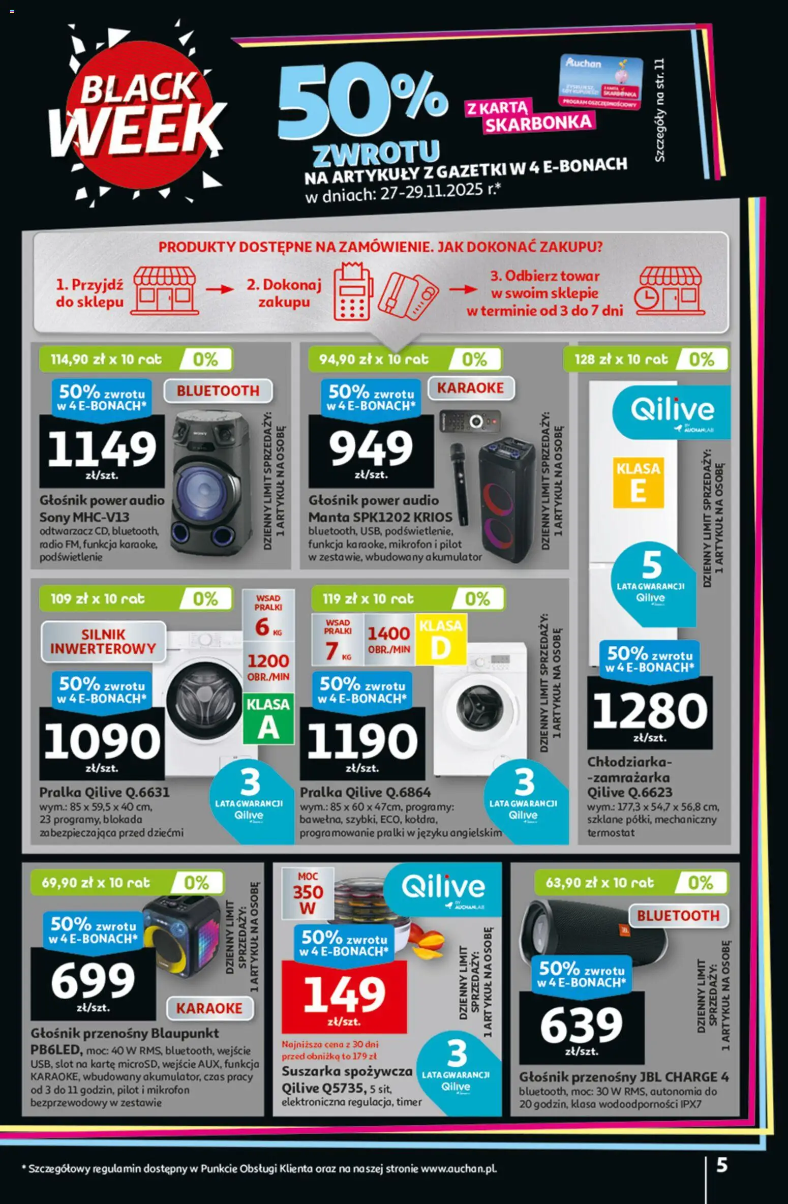 Auchan Black Friday od 27.11.2025 | Strona: 5 | Produkty: Mikrofon, Głośnik, Zamrażarka, Suszarka