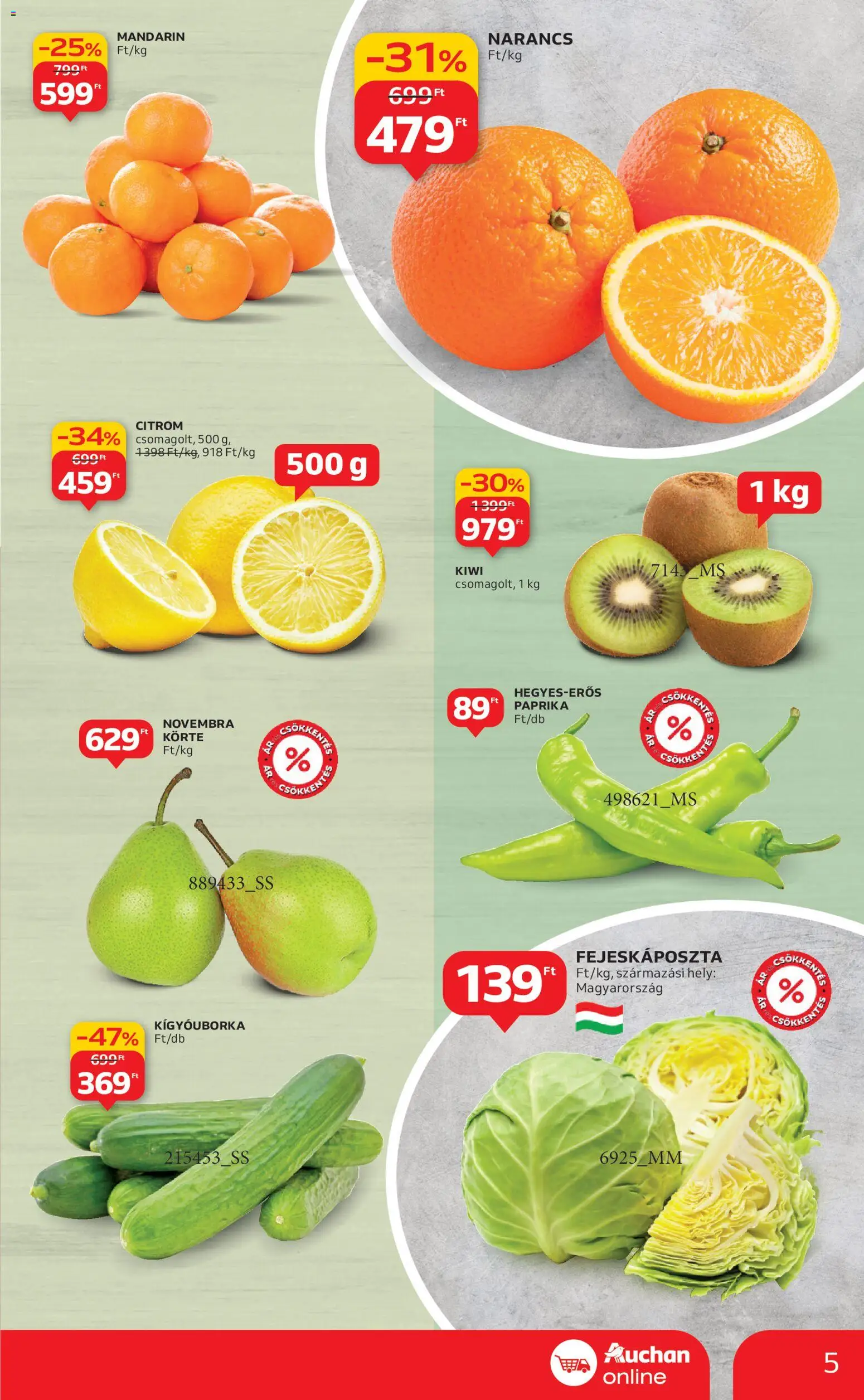Auchan akciós ujság - amely érvényes a következő dátumtól: 22.01.2026 | Oldal: 5 | Termékek: Kígyóuborka, Narancs, Kiwi, Mandarin