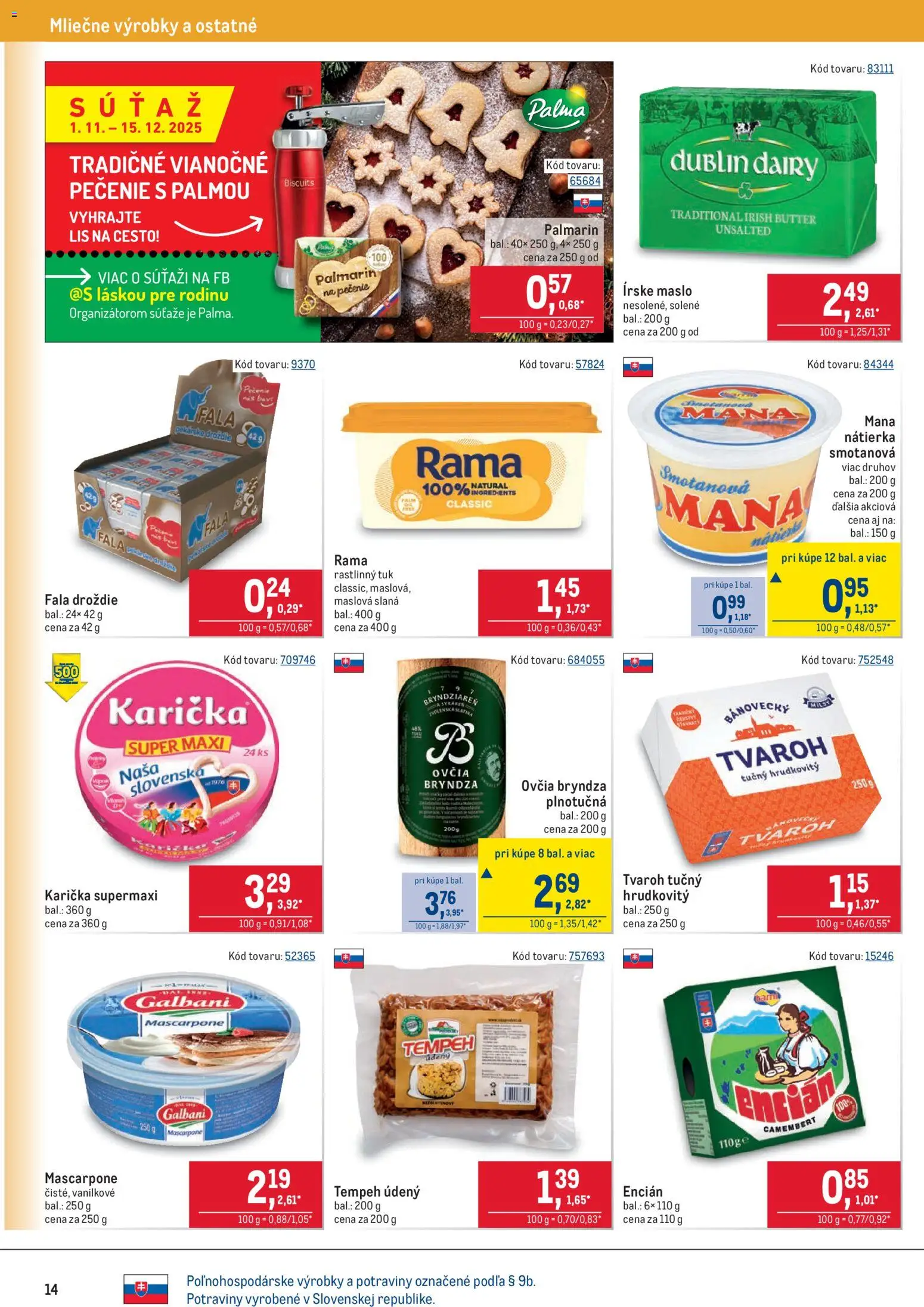 Nové Metro akcie – leták je platný od 19.11.2025 | Strana: 14 | Produkty: Lis, Palmarin, Bryndza, Encián