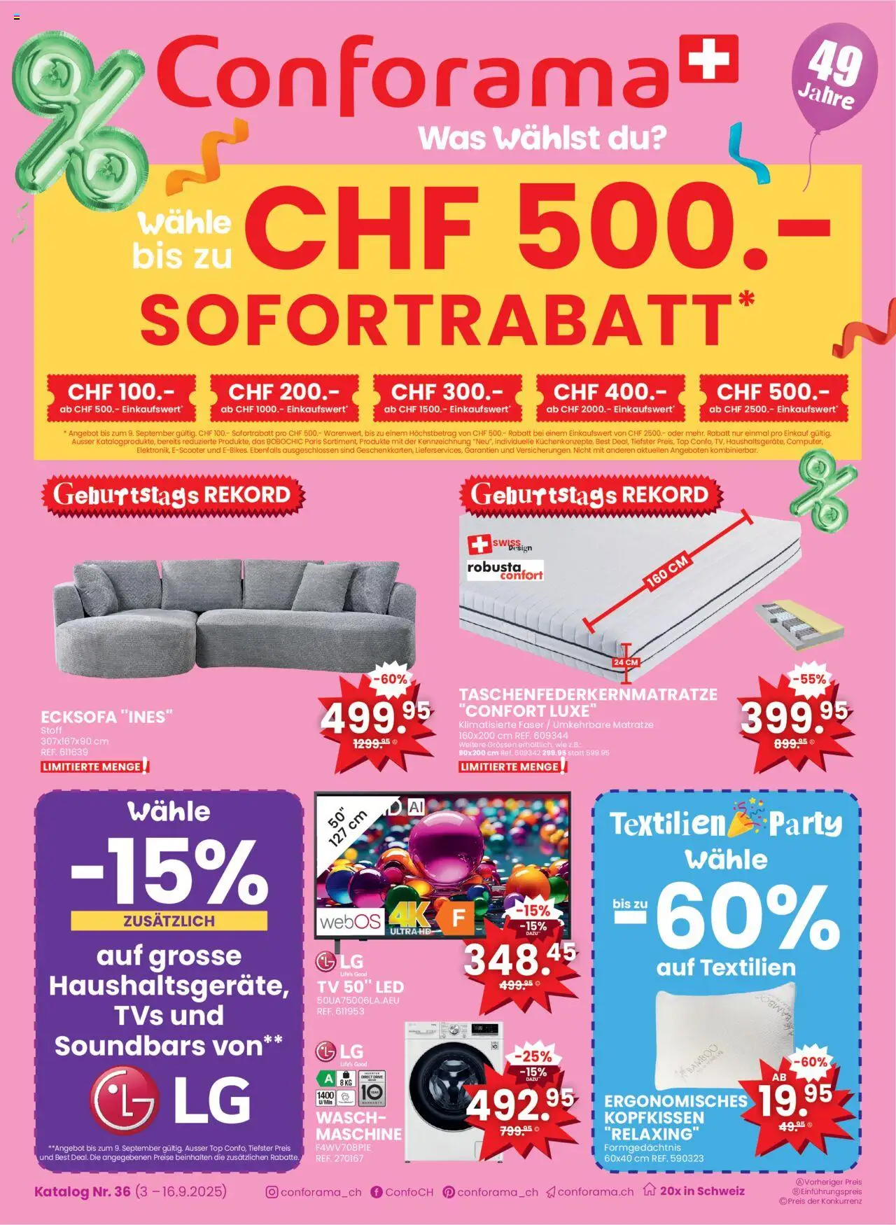 Conforama Aktionen Sofortrabatt – gültig ab 03.09.2025 | Seite: 1 | Produkte: Kopfkissen, TV, Top, Ecksofa