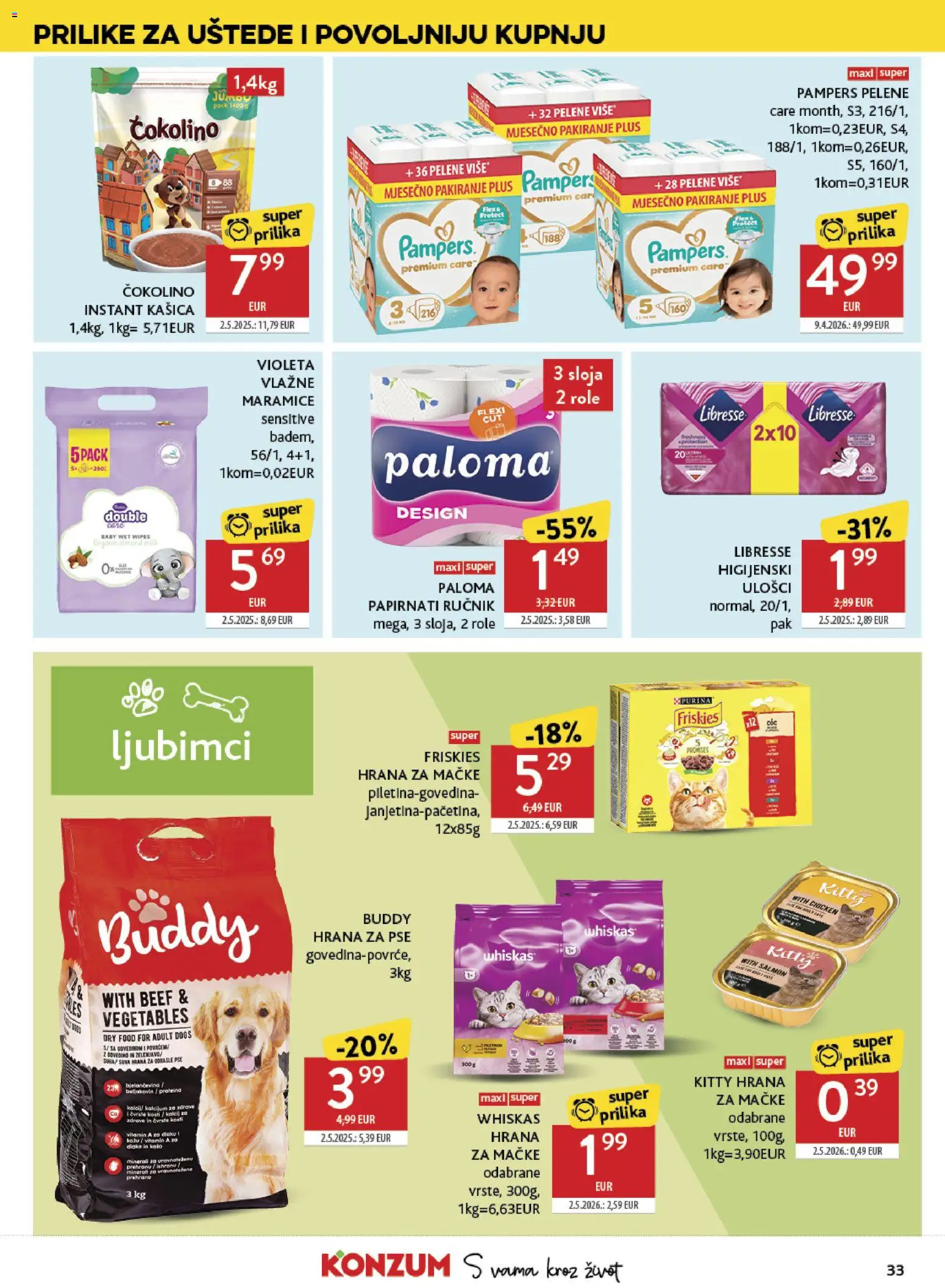 Konzum HR akciós ujság - amely érvényes a következő dátumtól: 29.04.2026 | Oldal: 33 | Termékek: Pampers, Whiskas