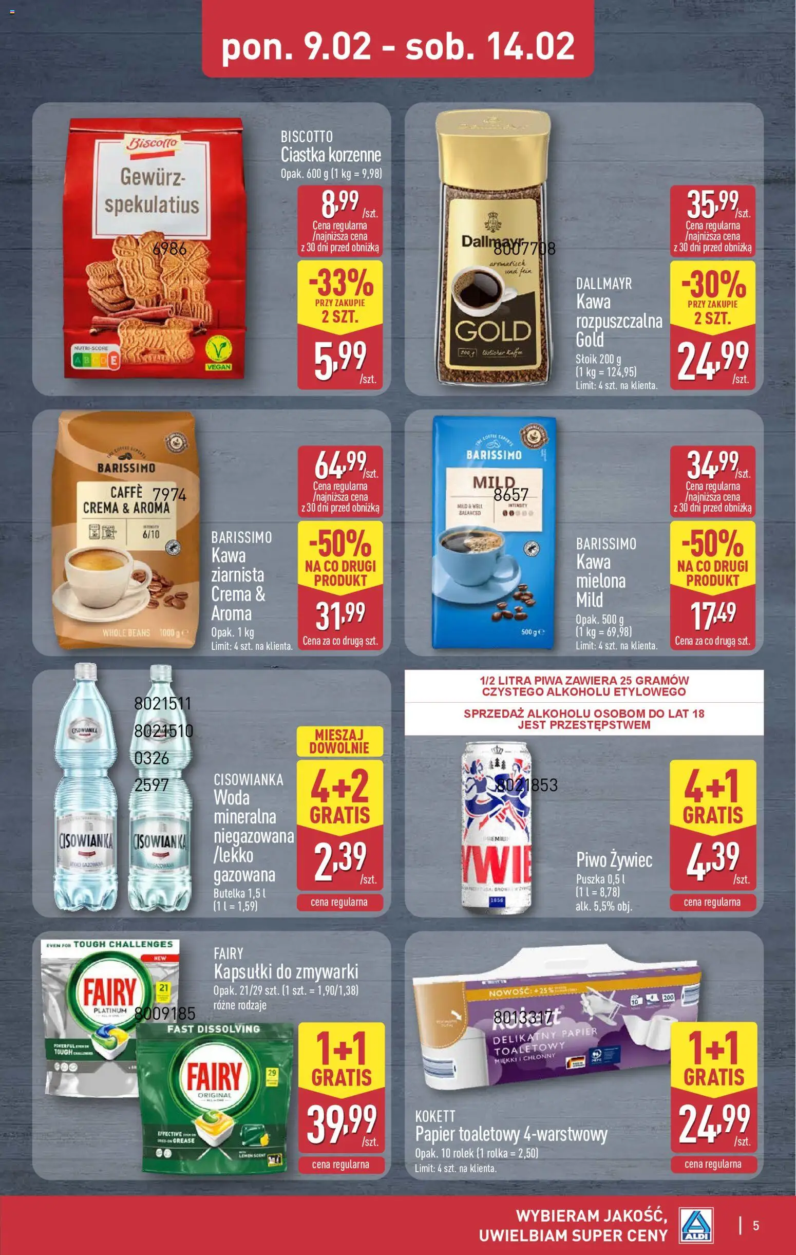 Aldi Gazetka - Okazje na weekend od 12.02.2026 | Strona: 5 | Produkty: Ciastka, Fairy, Kapsułki do zmywarki, Woda