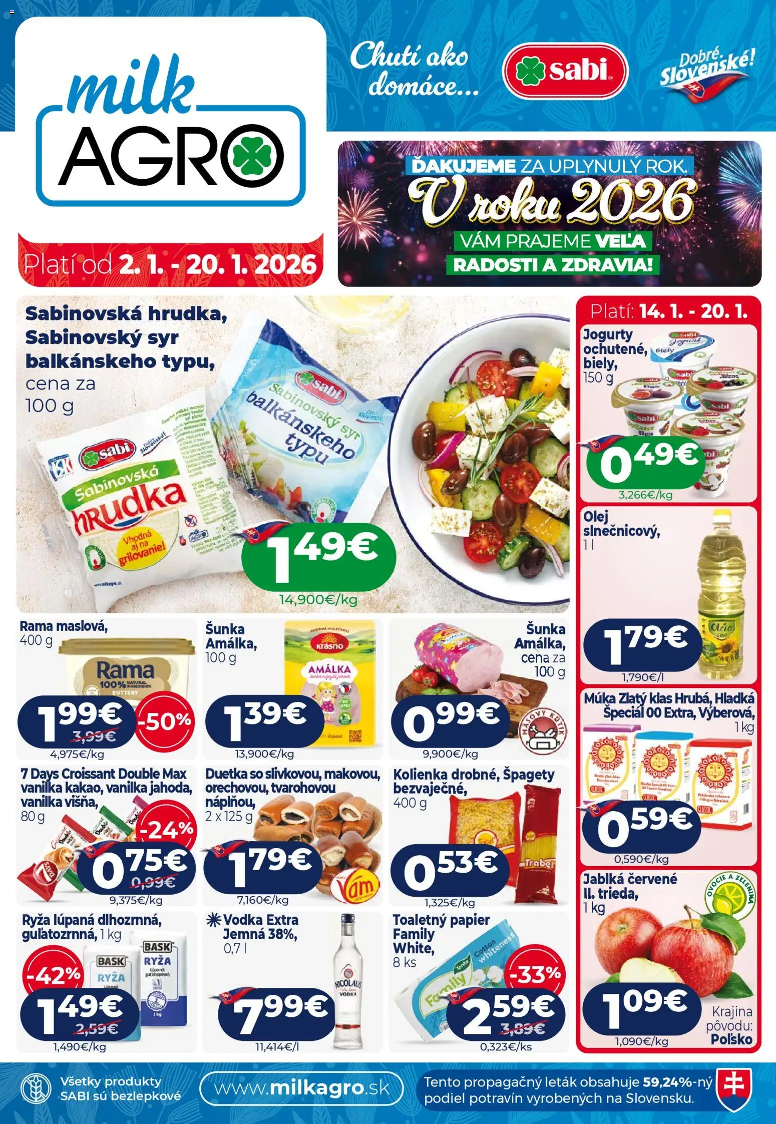 Nové Milk Agro akcie – leták je platný od 02.01.2026 | Strana: 1 | Produkty: Olej, Ryža, Croissant, Rama