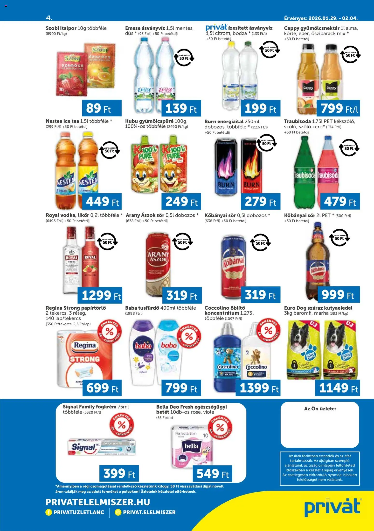 PRIVÁT akciós ujság - amely érvényes a következő dátumtól: 29.01.2026 | Oldal: 4 | Termékek: Coccolino, Kutyaeledel, Tusfürdő, Fogkrém
