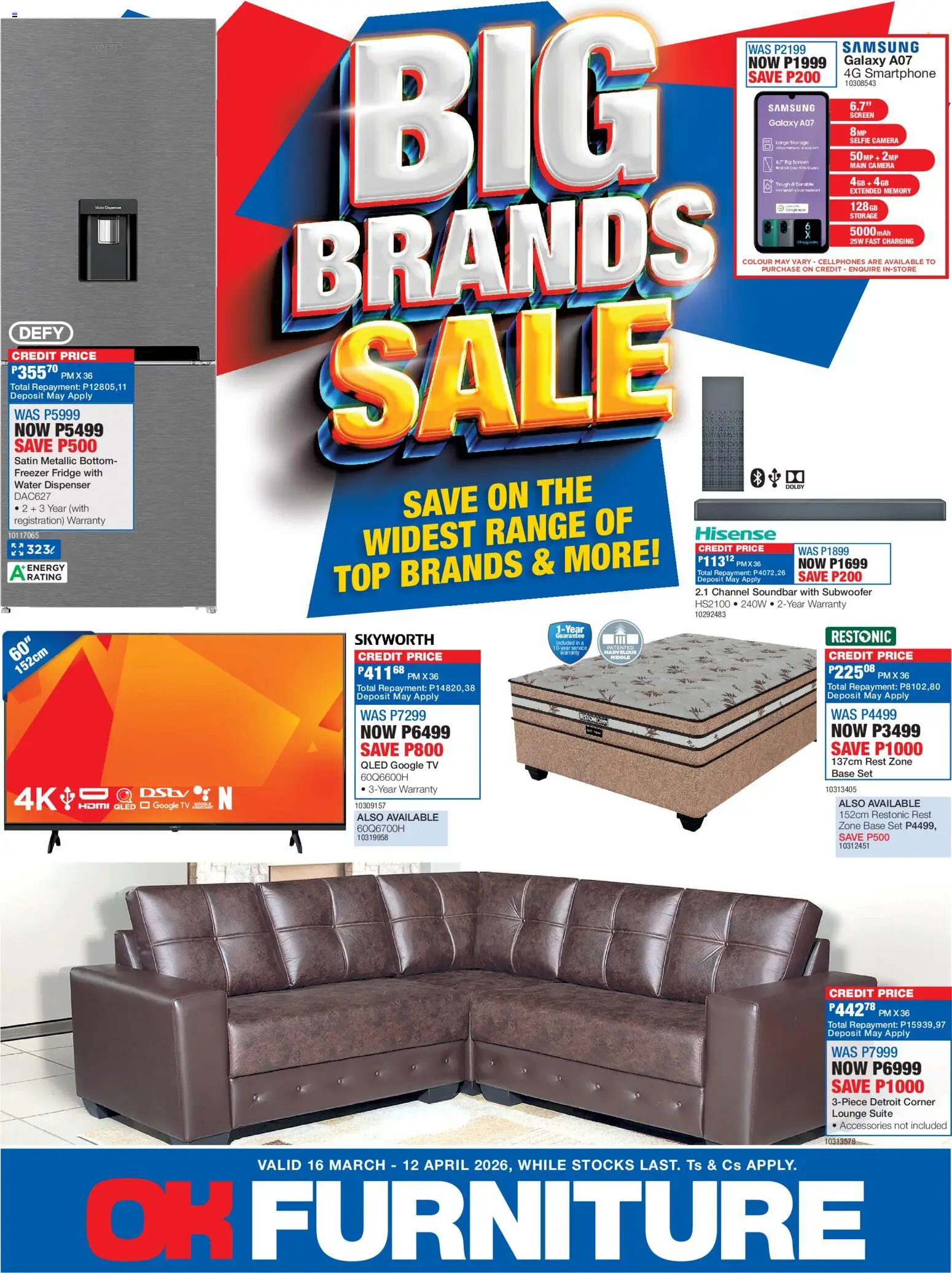 New OK Furniture catalogue – valid from 16.03.2026 | Page: 1 | Products: Smartphone, Fridge, Lounge suite, Subwoofer