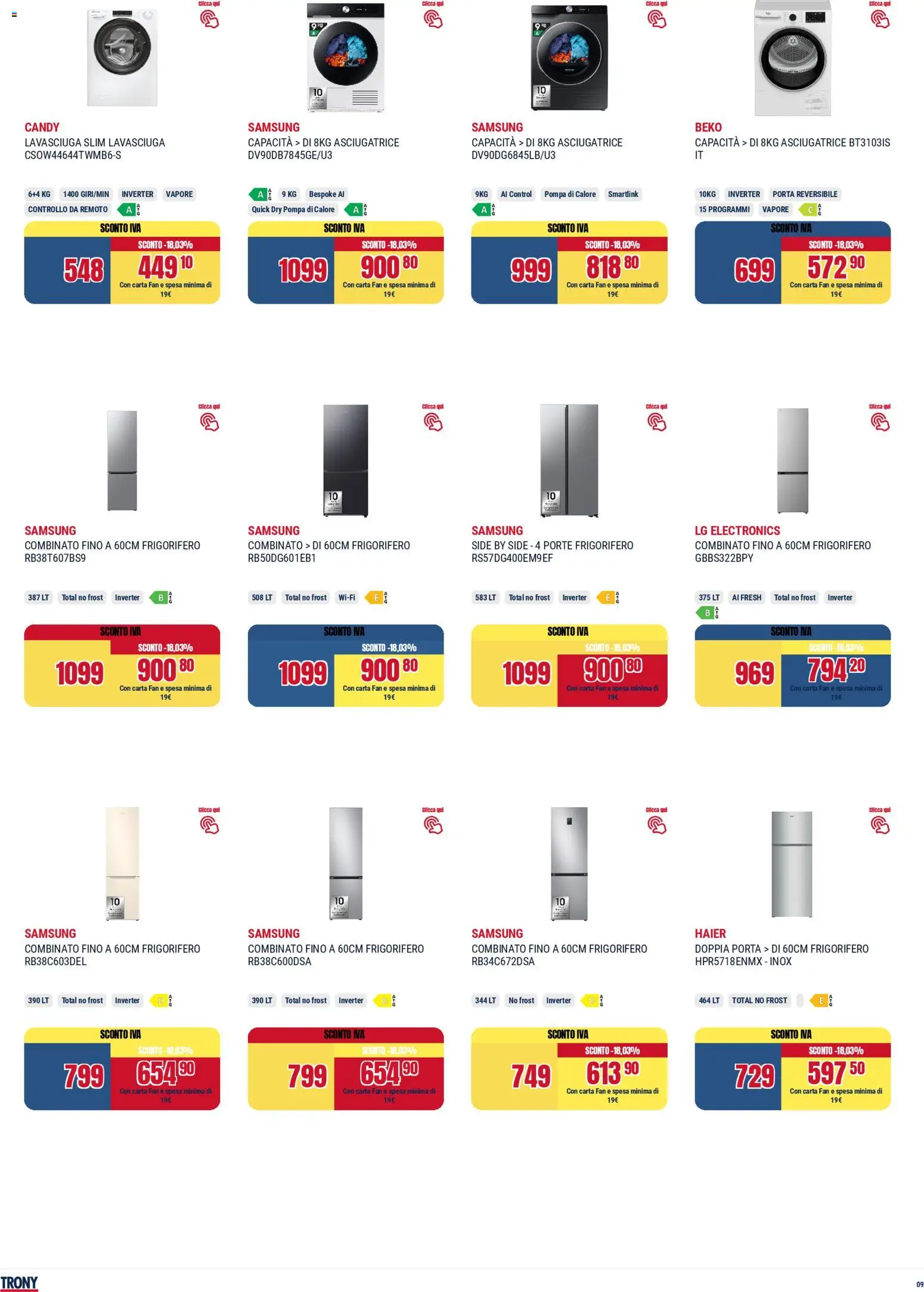 Volantino Trony del 02.04.2026 | Pagina: 9 | Prodotti: Asciugatrice, Frigorifero, Frigorifero combinato, Samsung