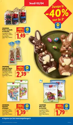 LIDL - Prévisualisation de FAVORINA Lapin de Pâques chocolat au lait, Lapin de Pâques chocolat au lait. Le produit de 200 g. Les 2 produits : 6,38 € (1 kg = 15,95 €) valide à partir de 02.04.2026 | Page: 23 | Produits: Lapin, Lait, Chocolat, Figurines