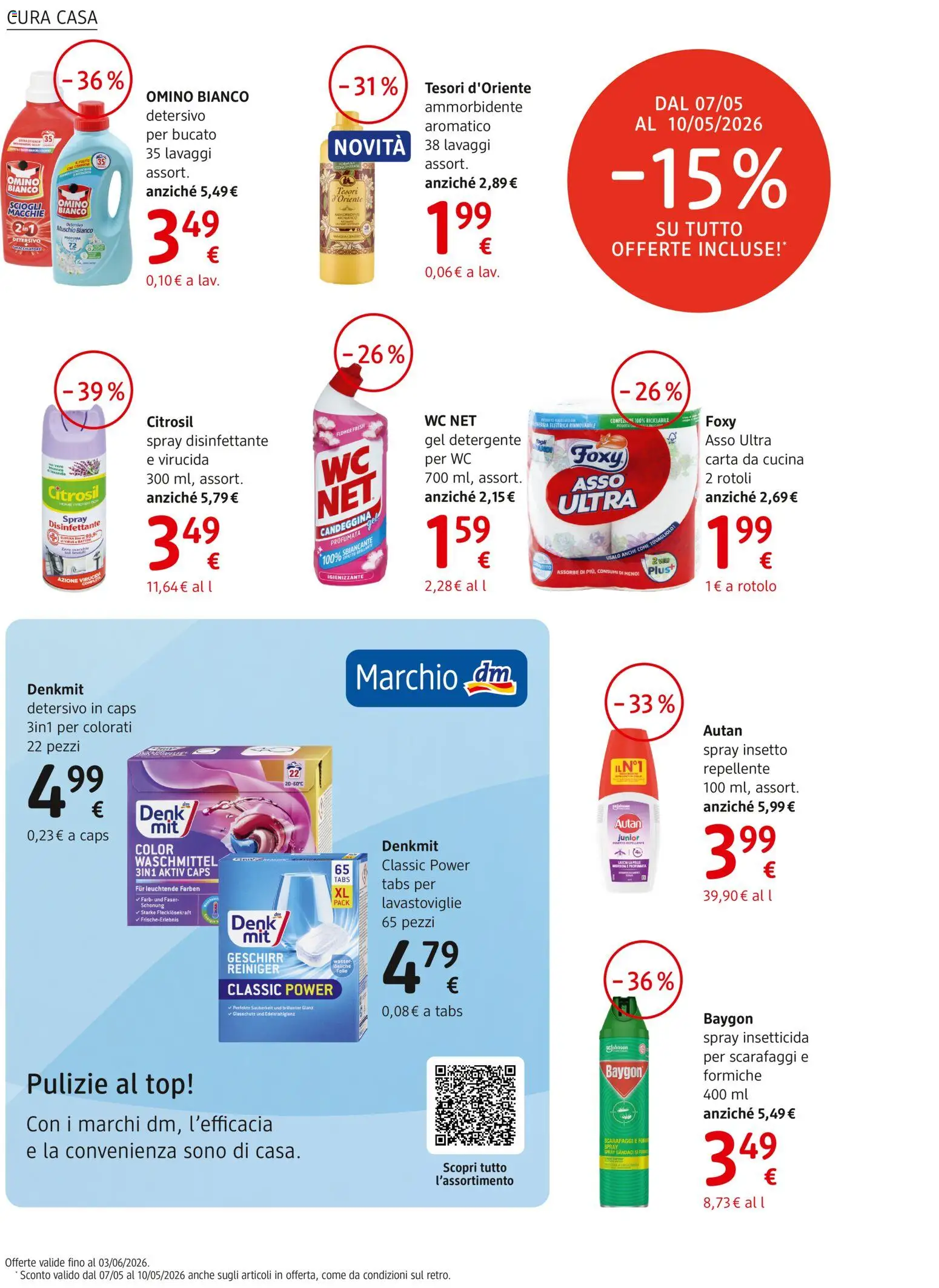 Volantino dm drogerie markt del 07.05.2026 | Pagina: 12 | Prodotti: Spray disinfettante, Detergente, Lavastoviglie, WC