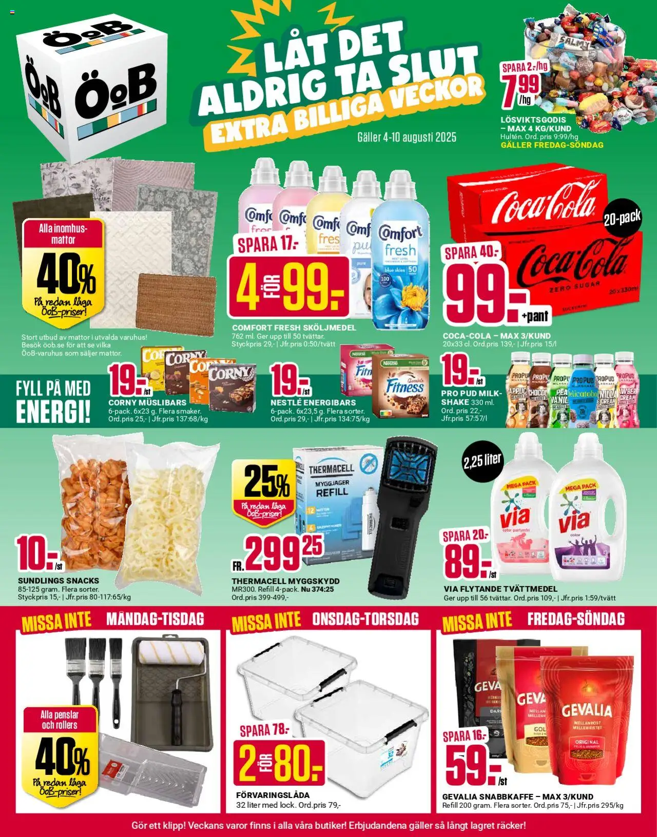 ÖoB reklamblad aktuell från 04.08.2025 | Sida: 1 | Produkter: Tvättmedel, Sköljmedel, Galler, Coca cola