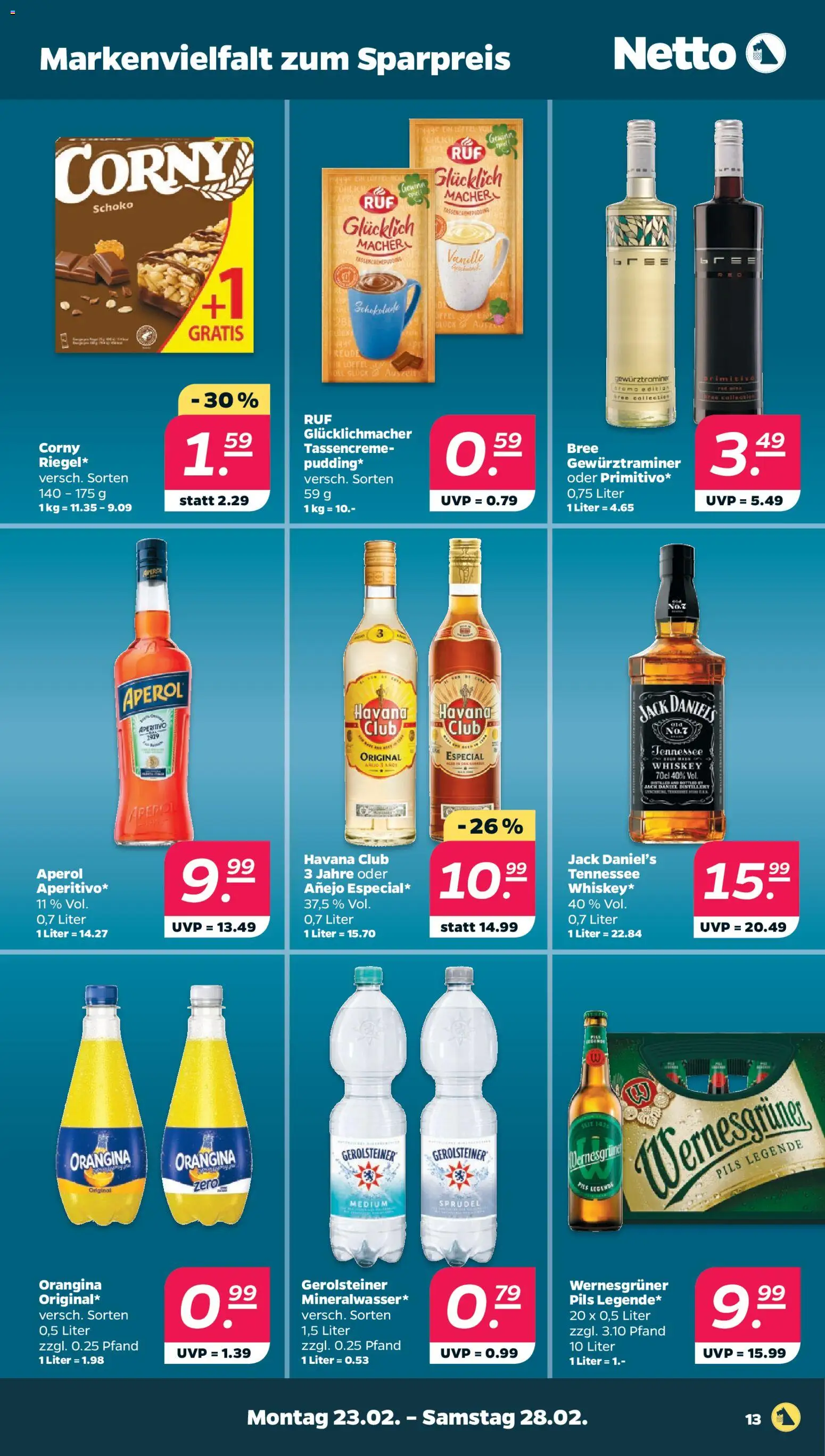 Netto Prospekt 	 – gültig ab 23.02.2026 | Seite: 13 | Produkte: Wernesgruner, Bree, Aperol, Whiskey
