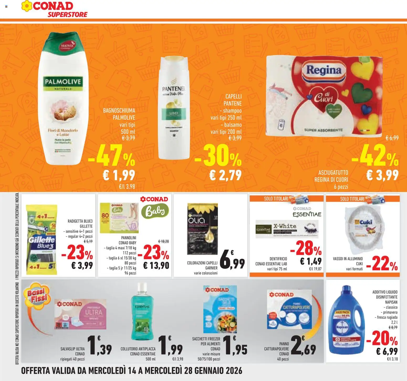 Volantino Conad del 14.01.2026 | Pagina: 28 | Prodotti: Shampoo, Balsamo, Pannolini, Asciugatutto