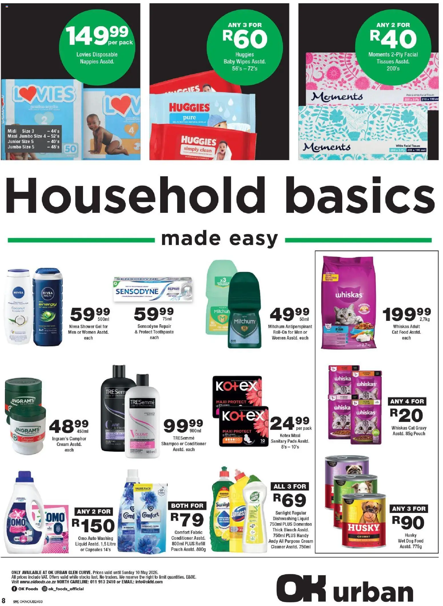 New OK Foods catalogue – valid from 24.04.2026 | Page: 8 | Products: Bleach, Antiperspirant, Cat food, Tissues