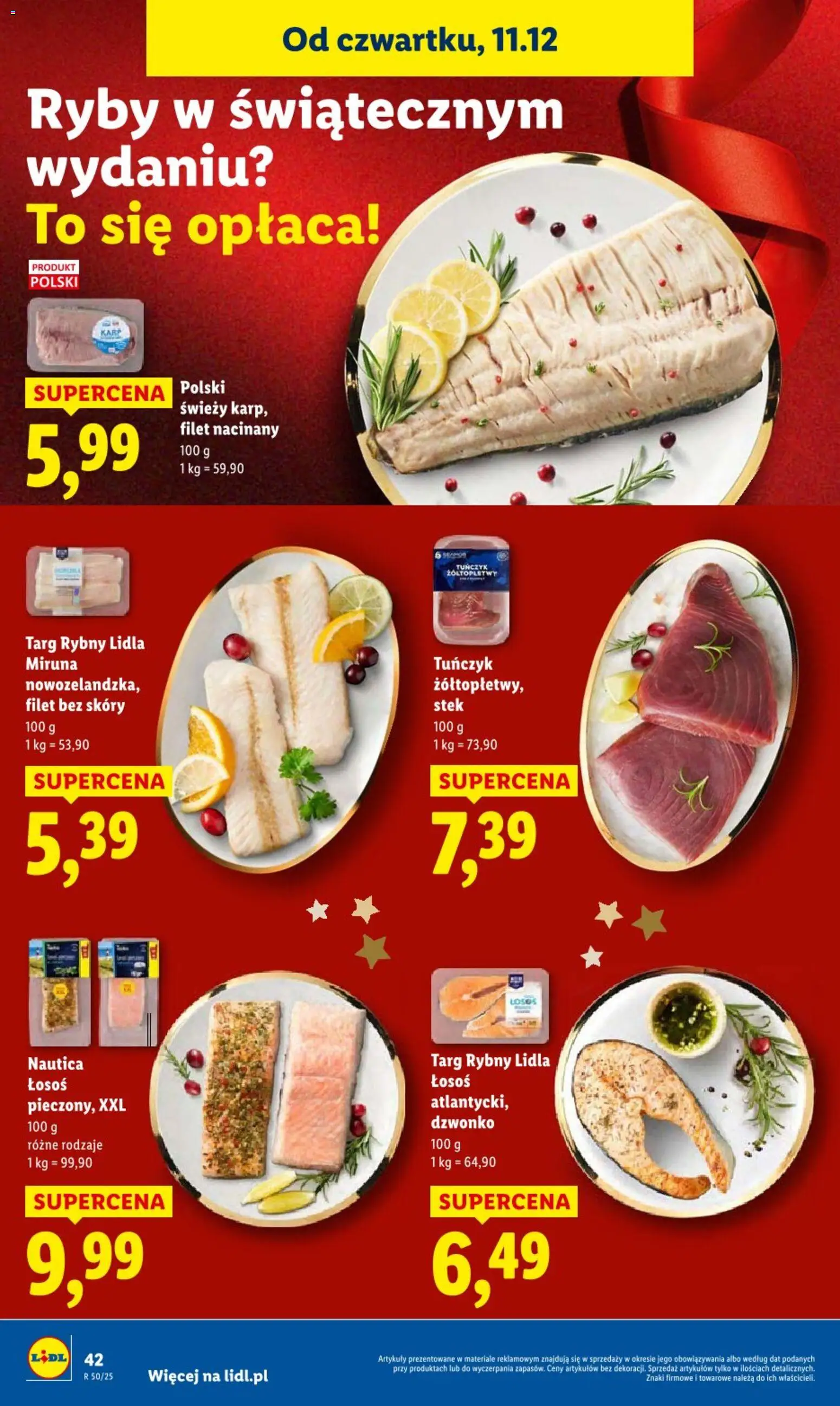 Lidl Gazetka od 11.12.2025 | Strona: 42 | Produkty: Miruna, Łosoś, Tuńczyk, Ryby