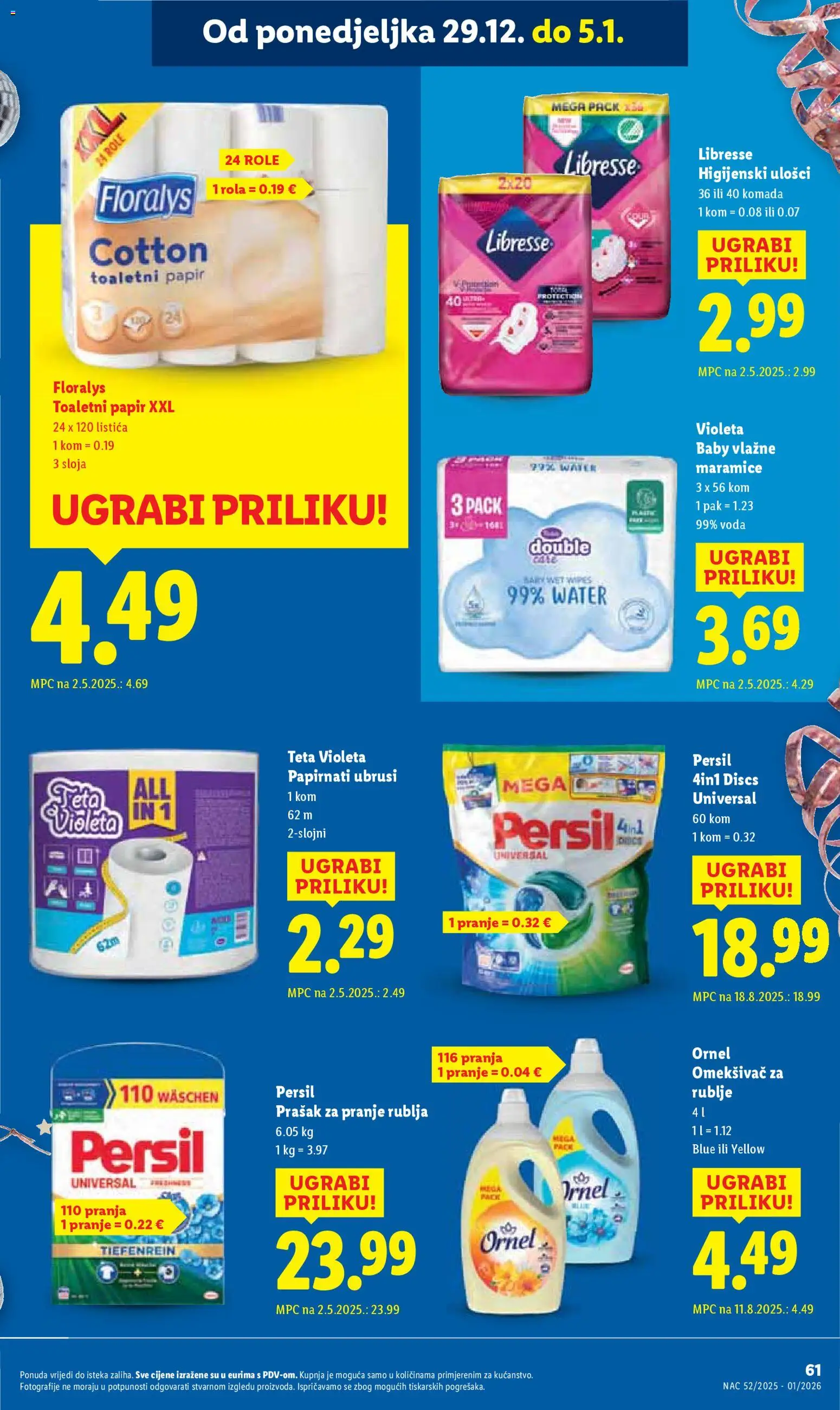 Lidl katalog | vrijedi od 27.12.2025 | Stranica: 61 | Proizvodi: Vlažne maramice, Voda, Toaletni papir, Libresse