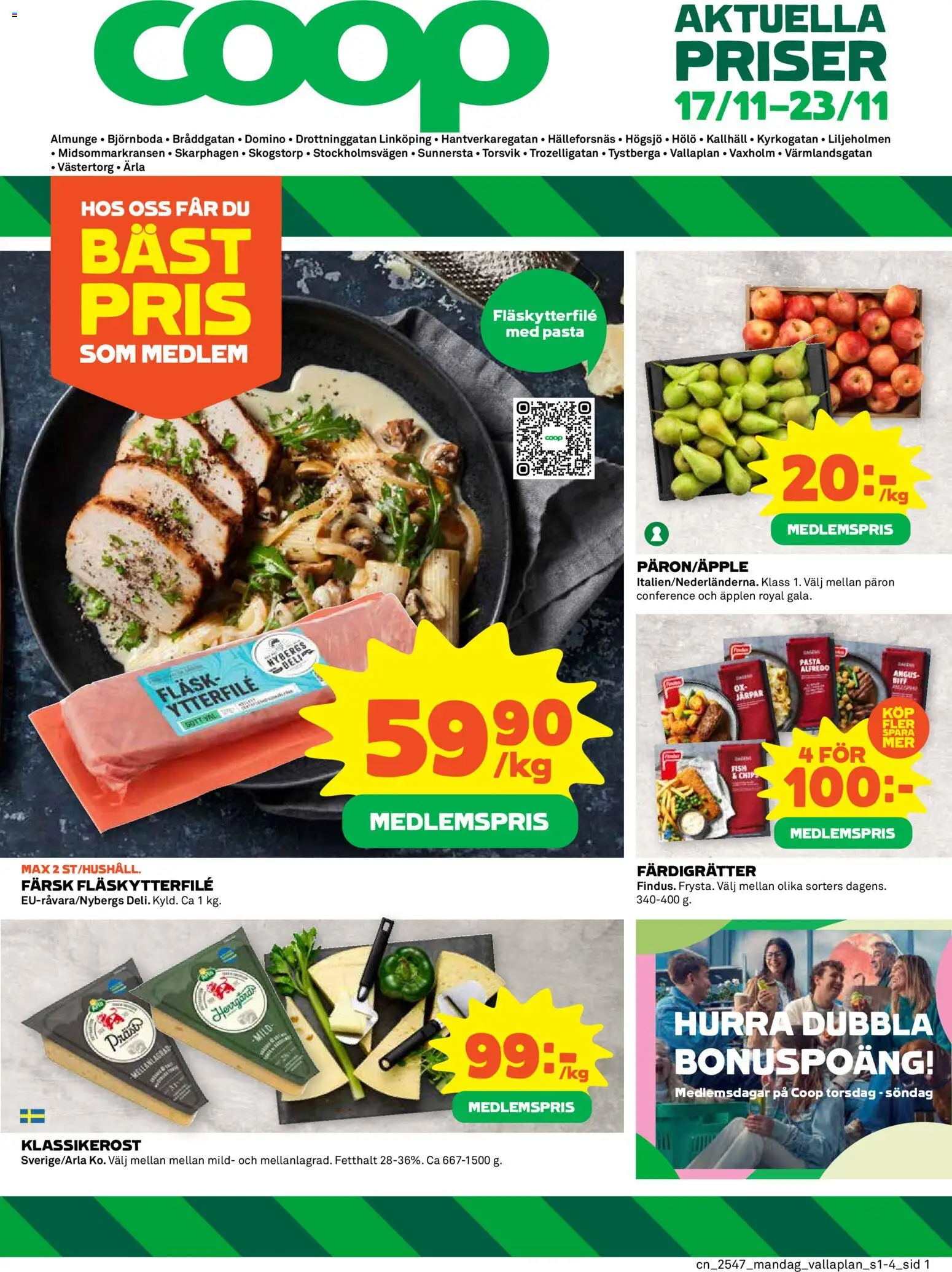 Coop reklamblad aktuell från 17.11.2025 | Sida: 1 | Produkter: Fläskytterfilé, Chips, Fläsk, Pasta