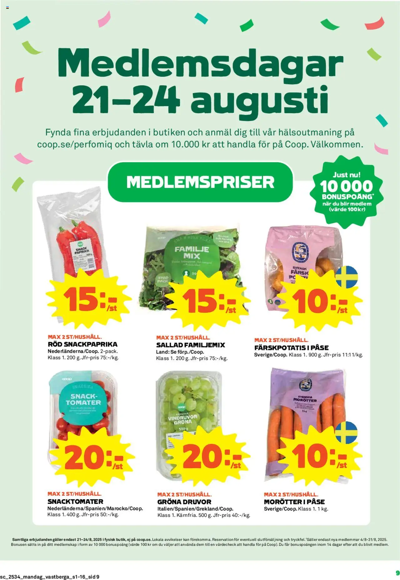 Coop Forum reklamblad aktuell från 18.08.2025 | Sida: 9 | Produkter: Färskpotatis, Vindruvor, Tomater, Sallad