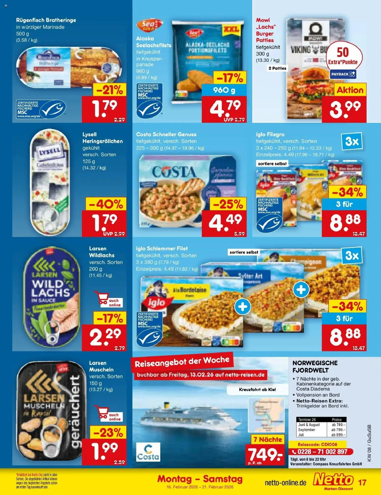 Netto Marken-Discount prospekt Rodewisch	 – gültig ab 16.02.2026 | Seite: 19 | Produkte: Iglo, Burger, Lachs, Uhr