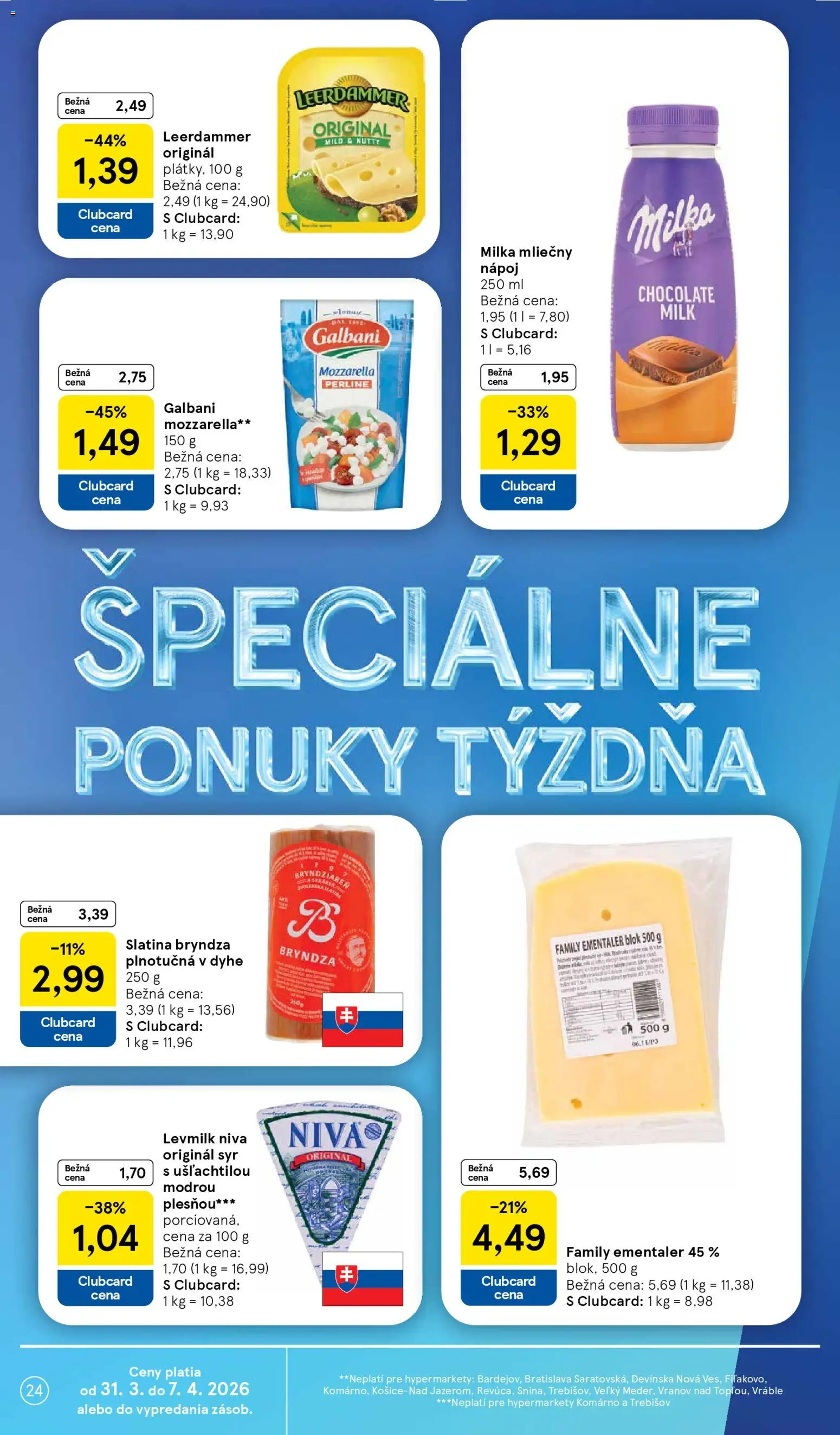 Nové Tesco akcie – leták je platný od 31.03.2026 | Strana: 24 | Produkty: Syr, Mozzarella, Bryndza, Milka
