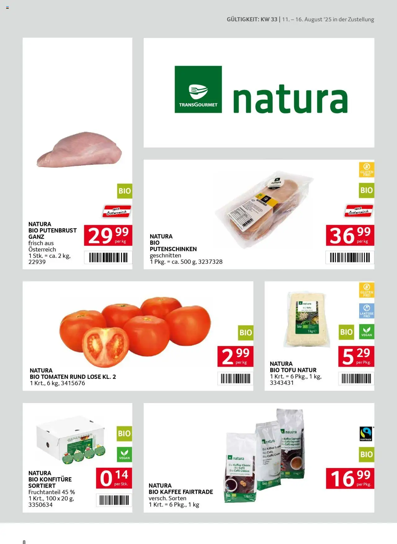 Transgourmet  Zustellaktion gültig ab 10.08.2025 | Seite: 8 | Produkte: Kaffee, Tomaten
