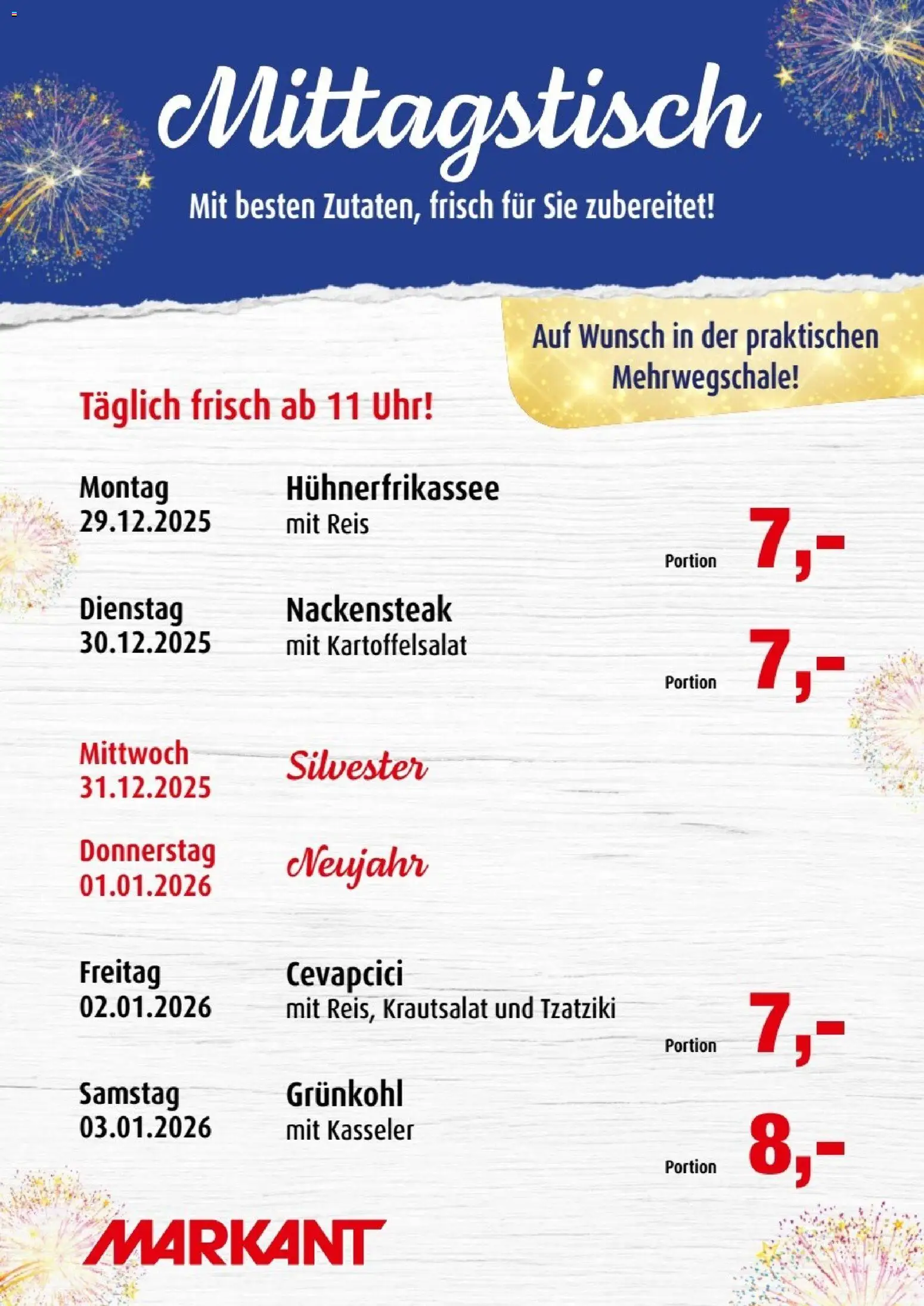 Markant  Mittagstisch – gültig ab 29.12.2025 | Seite: 1 | Produkte: Cevapcici, Reis, Uhr