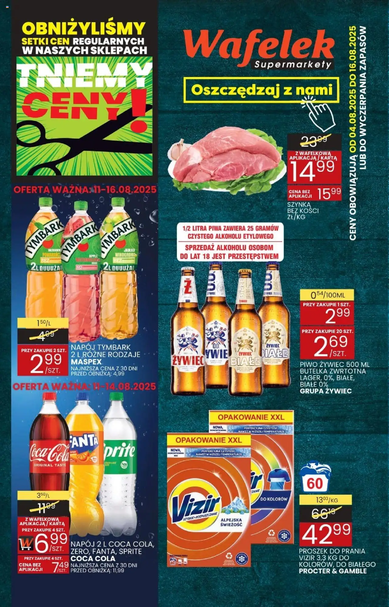 Wafelek Gazetka od 04.08.2025 | Strona: 1 | Produkty: Karta, Coca cola, Szynka, Piwo