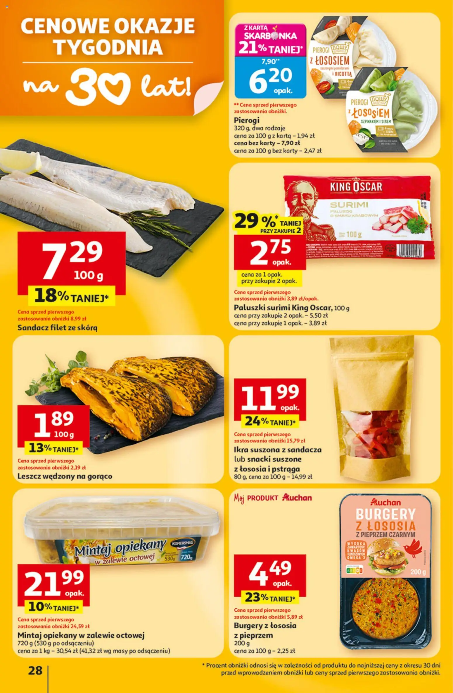 Auchan gazetka - 30 Lat Hipermarket od 23.04.2026 | Strona: 28 | Produkty: Pierogi, Sandacz, Paluszki surimi, Paluszki