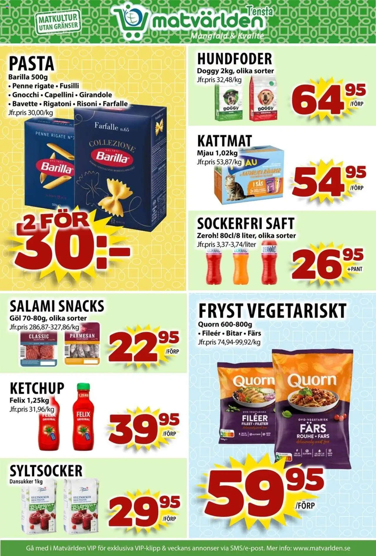 Matvärlden reklamblad aktuell från 28.07.2025 | Sida: 5 | Produkter: Salami, Pasta, Kattmat, Ketchup