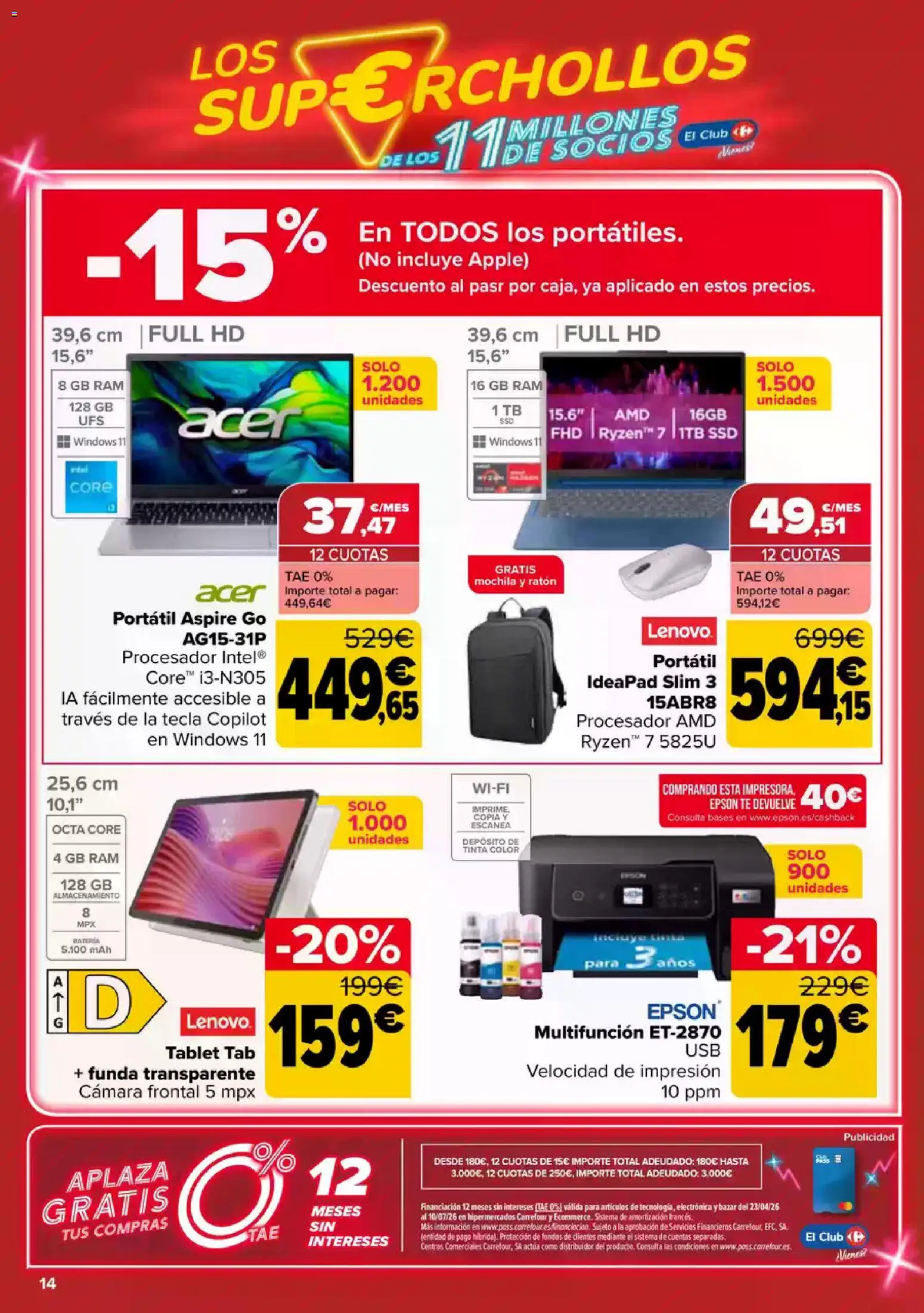 Carrefour Super chollos │ válido desde el 23.04.2026 | Página: 14 | Productos: Mochila, Té, Tablet, Cámara
