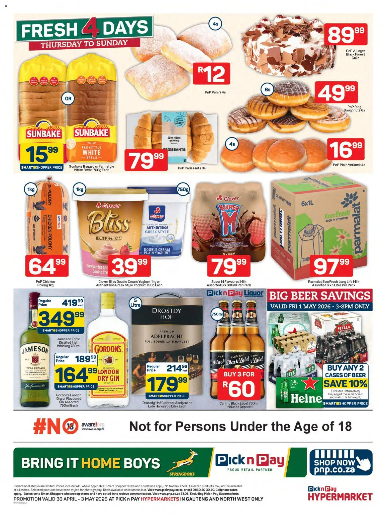 New Pick n Pay catalogue – valid from 30.04.2026 | Page: 2 | Products: Bread, Beer, Chicken, Cream