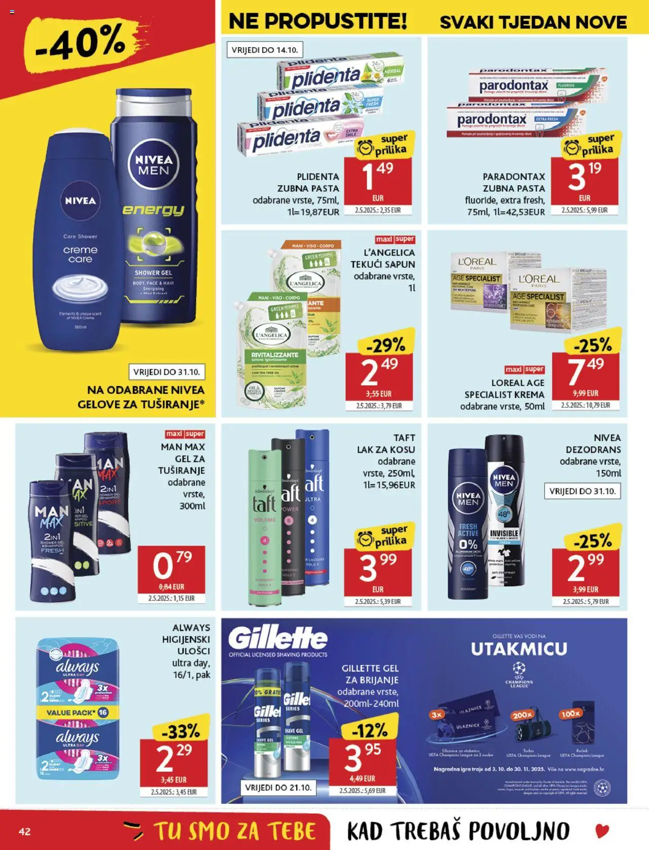 Konzum katalog | vrijedi od 01.10.2025 | Stranica: 42 | Proizvodi: Higijenski ulošci, Lak za kosu, Pasta, Nivea
