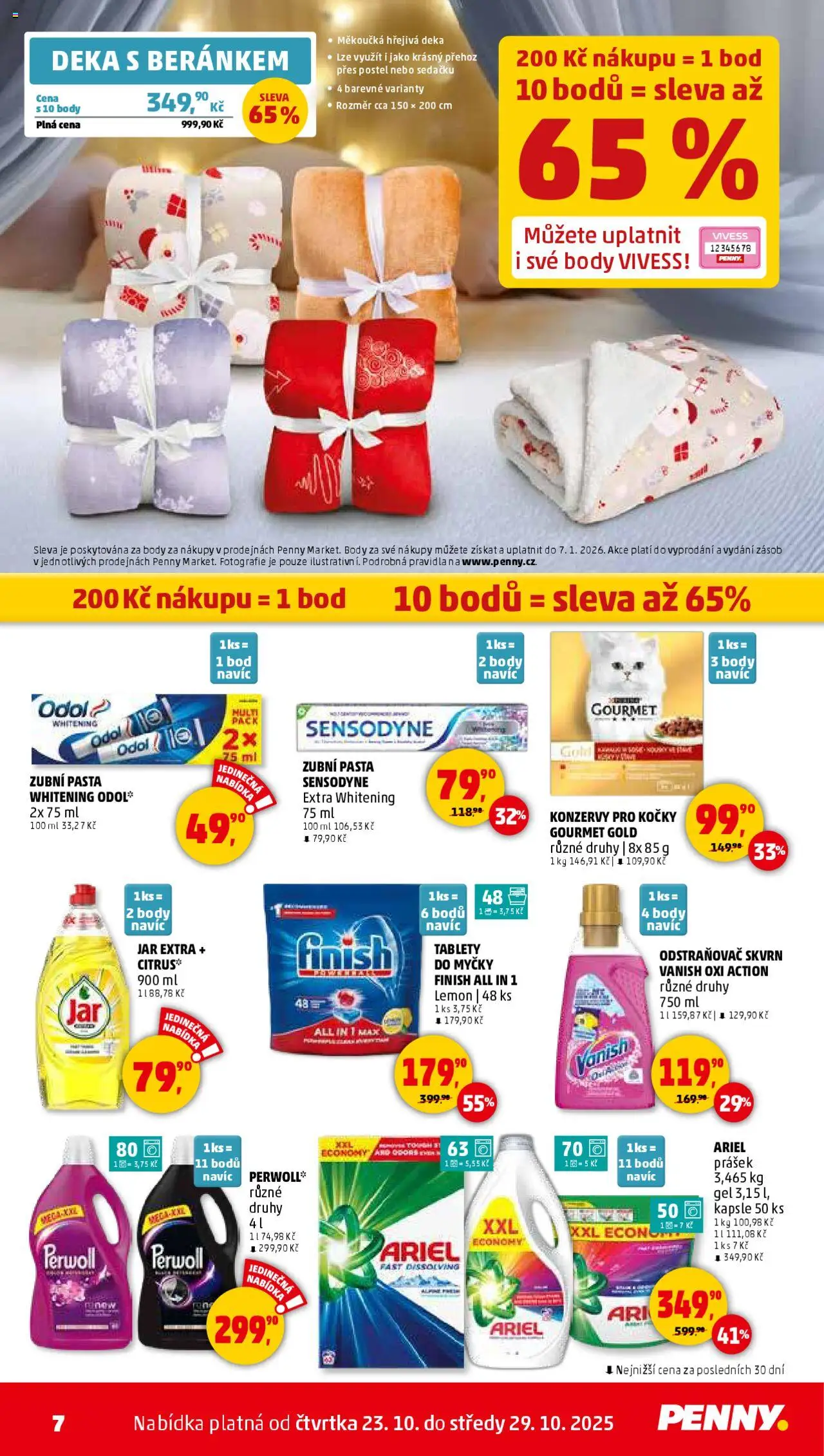 Penny Market leták - Čtvrtečník od 23.10.2025 | Strana: 7 | Produkty: Deka s beránkem, Kapsle, Konzervy pro kočky, Ariel