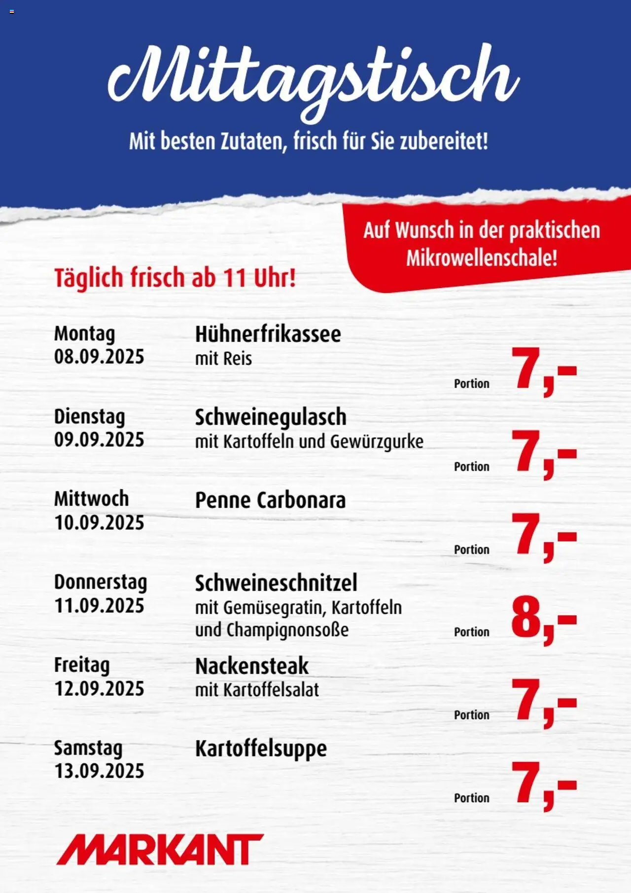 Markant Mittagstisch – gültig ab 08.09.2025 | Seite: 1 | Produkte: Schweinegulasch, Kartoffeln, Reis, Uhr