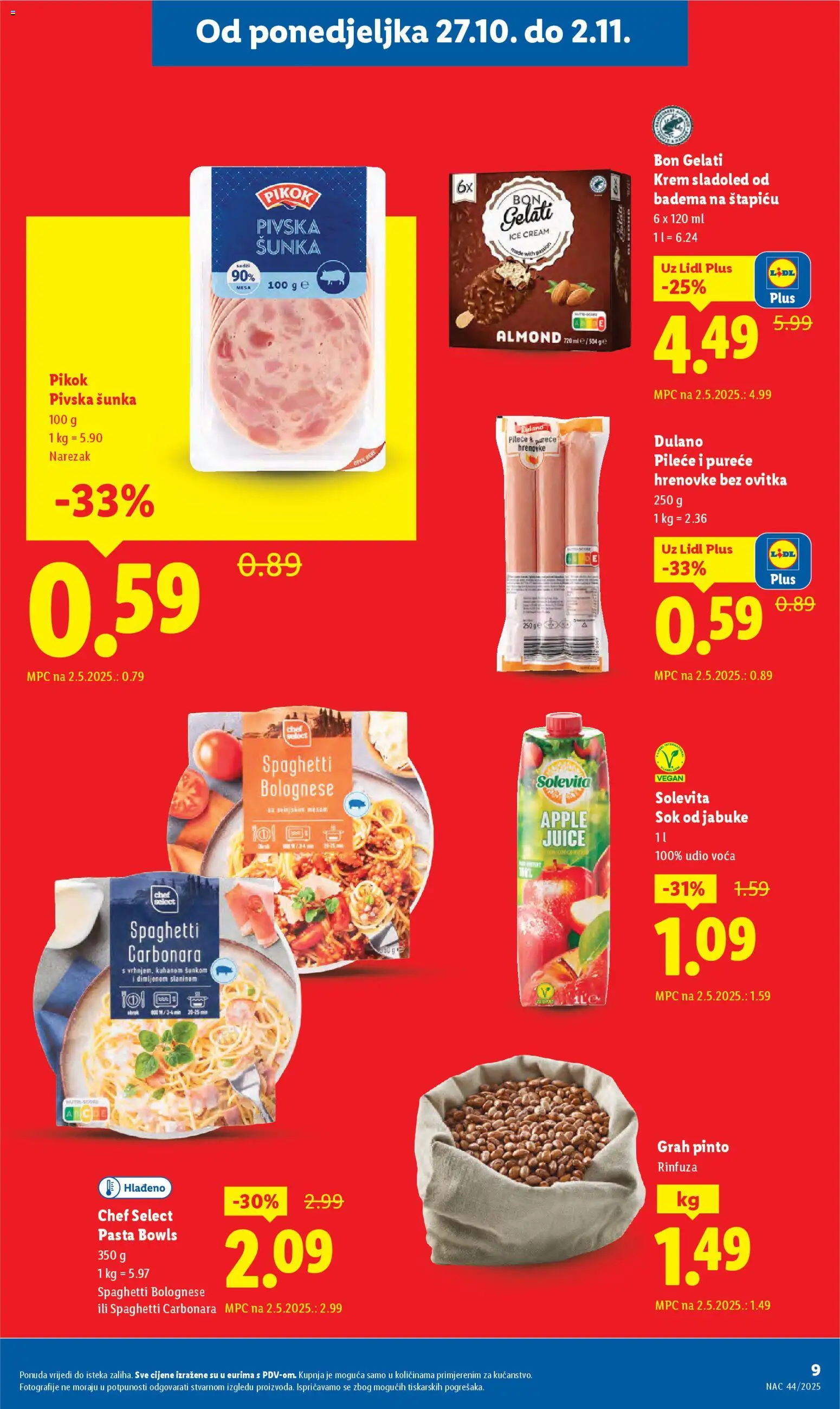 Lidl katalog | vrijedi od 27.10.2025 | Stranica: 9 | Proizvodi: Hrenovke, Sok, Jabuke, Sladoled