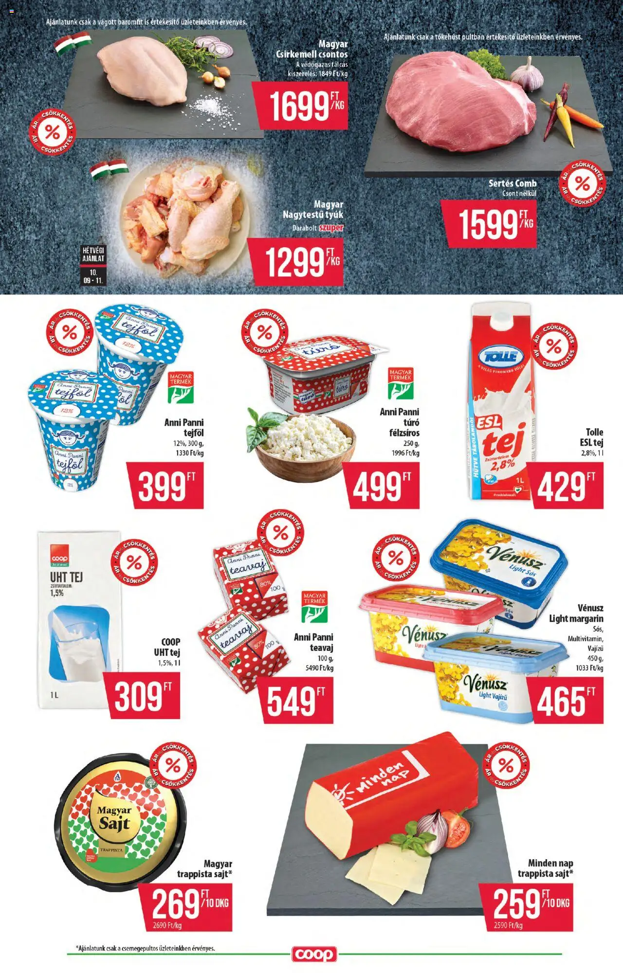 COOP akciós ujság - amely érvényes a következő dátumtól: 09.10.2025 | Oldal: 5 | Termékek: Margarin, Sajt, Túró, Csirkemell