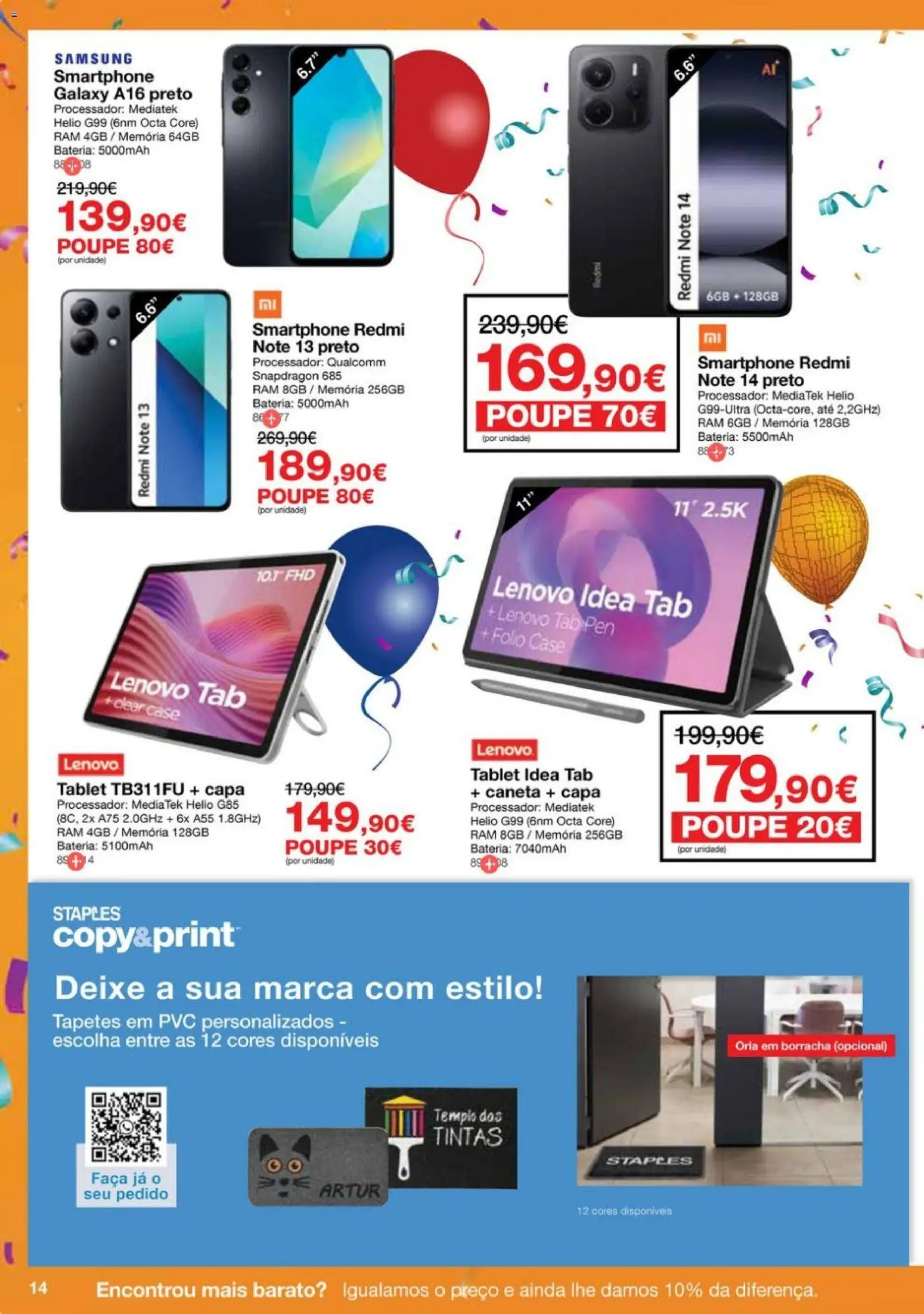 Staples - Festa das Cadeiras e Mobiliário │ válido de 06.11.2025 | Página: 14 | Produtos: Smartphone, Faca, Bateria, Tablet