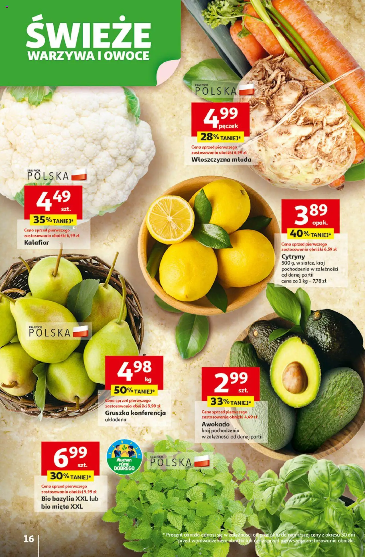 Auchan Gazetka - Wielkie przeboje cenowe Hipermarket od 02.10.2025 | Strona: 16 | Produkty: Gruszka, Kalafior, Mięta, Bazylia