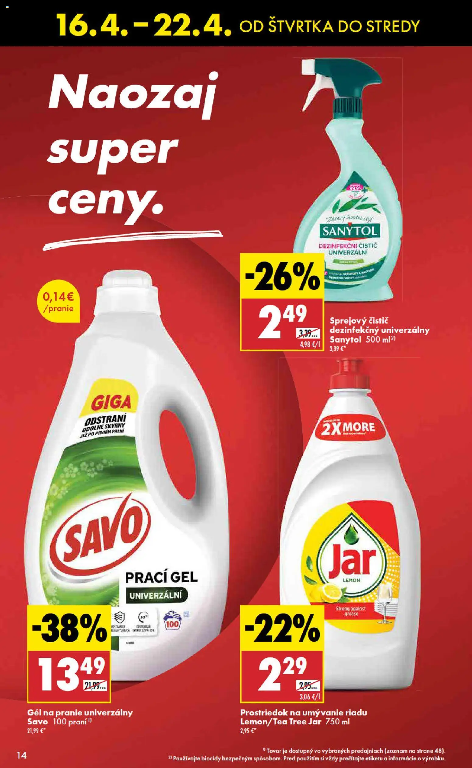 Nové Biedronka akcie – leták je platný od 16.04.2026 | Strana: 14 | Produkty: Sanytol, Savo, Prostriedok na umývanie riadu, Jar
