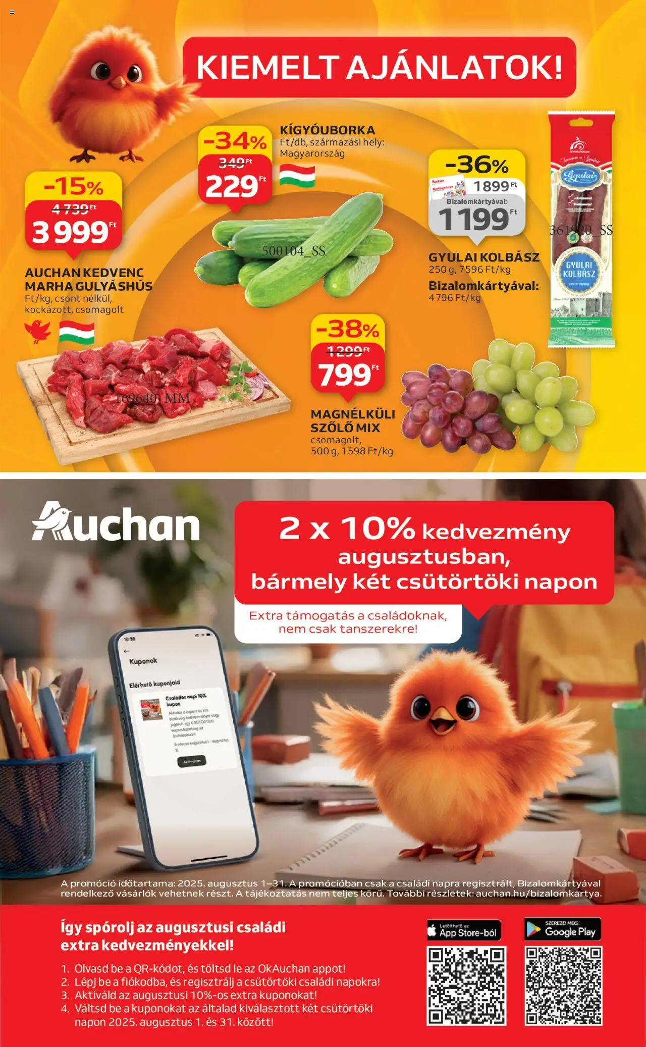 Auchan akciós ujság - amely érvényes a következő dátumtól: 28.08.2025 | Oldal: 5 | Termékek: Szőlő, Kolbász, Kígyóuborka, Gyulai kolbász
