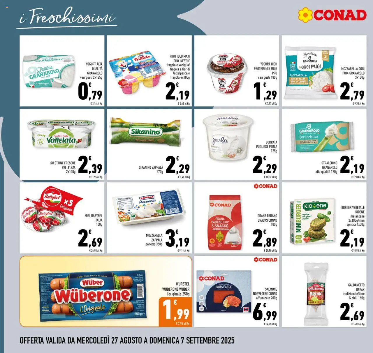 Volantino Conad del 27.08.2025 | Pagina: 8 | Prodotti: Mozzarella, Wurstel, Lime, Burrata