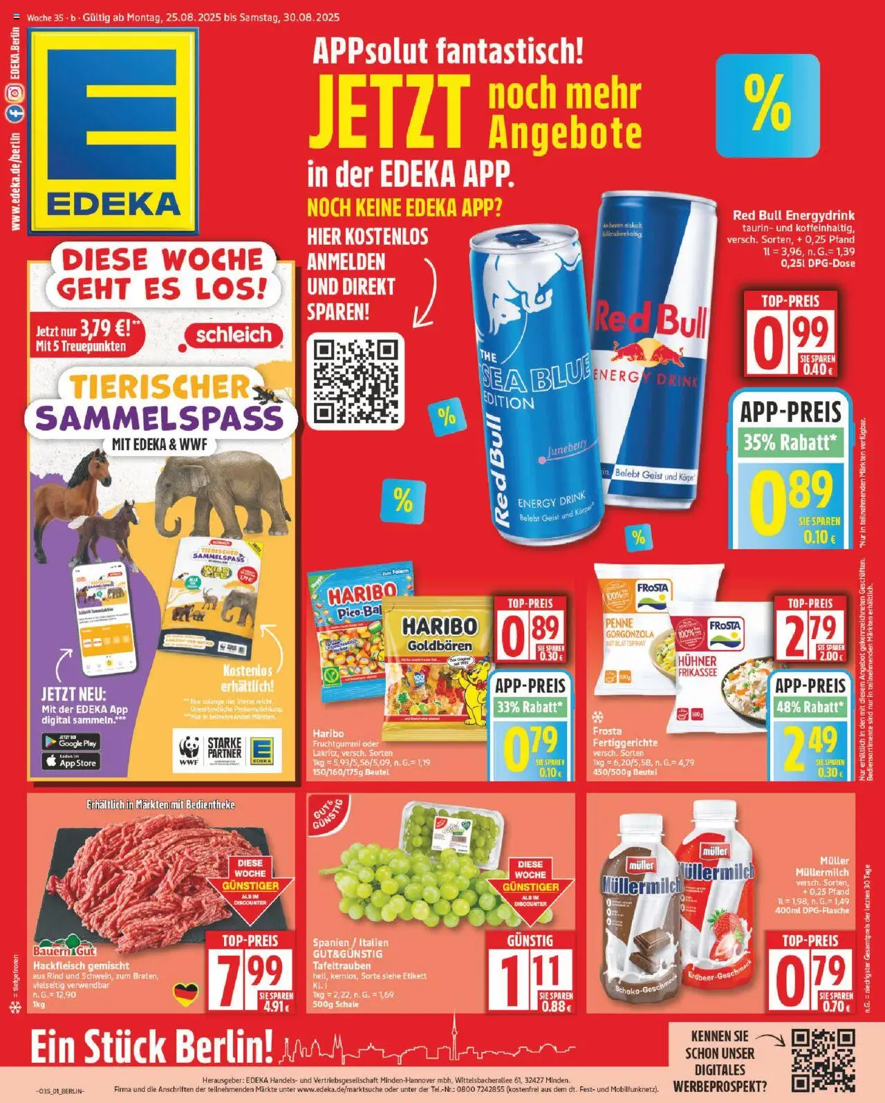 Edeka Prospekt 	 - gültig ab dem 25.08.2025 | Seite: 1 | Produkte: Red bull, Frosta, Fertiggerichte, Müllermilch
