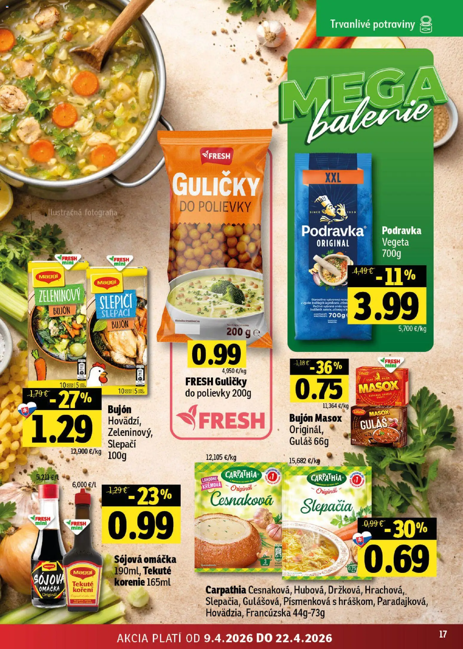 Nové Fresh akcie – leták je platný od 09.04.2026 | Strana: 17 | Produkty: Bujón, Masox, Korenie, Omáčka