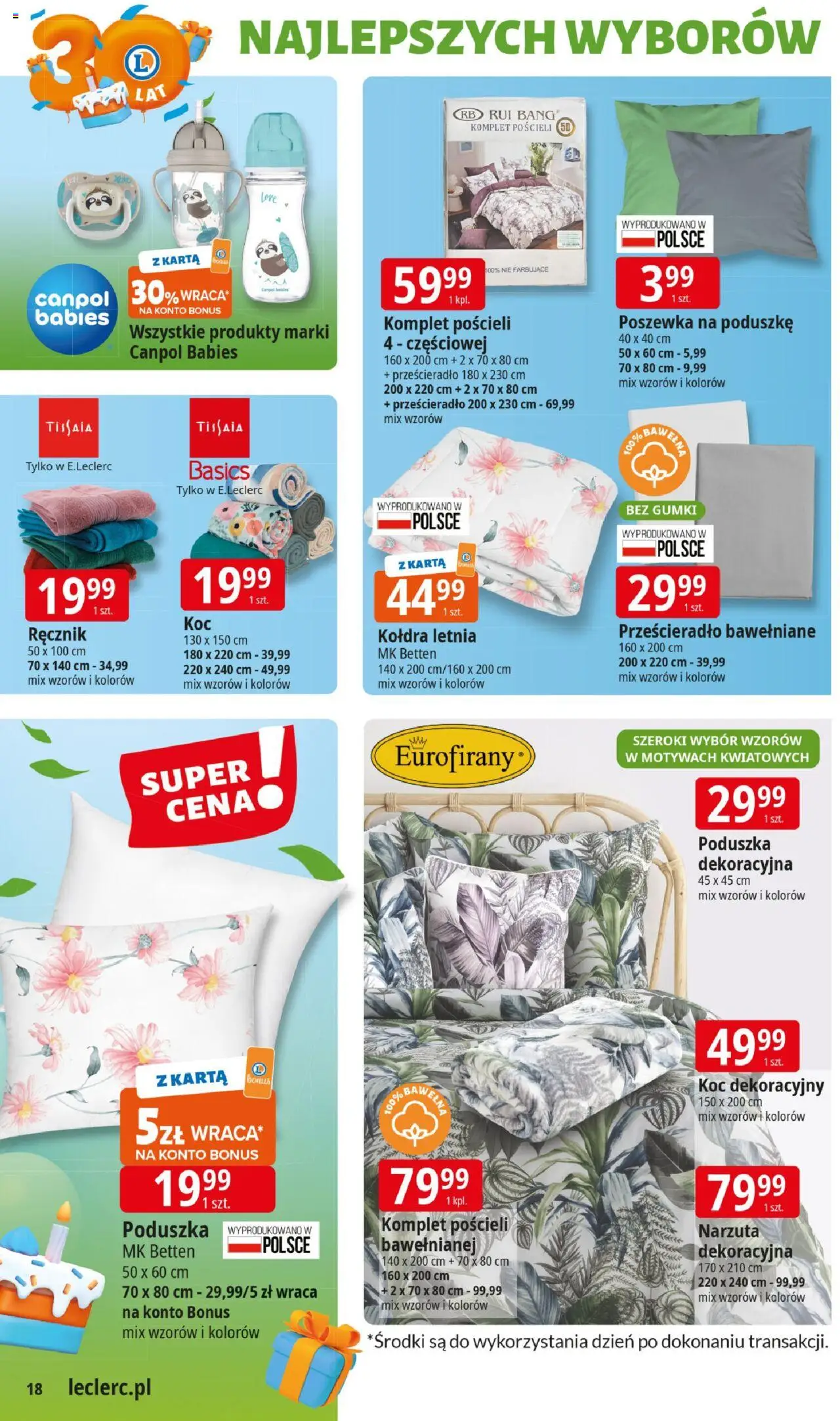 E.Leclerc Gazetka - Elbląg 30 lat od 27.05.2025 | Strona: 18 | Produkty: Karta, Poduszka, Koc, Kołdra