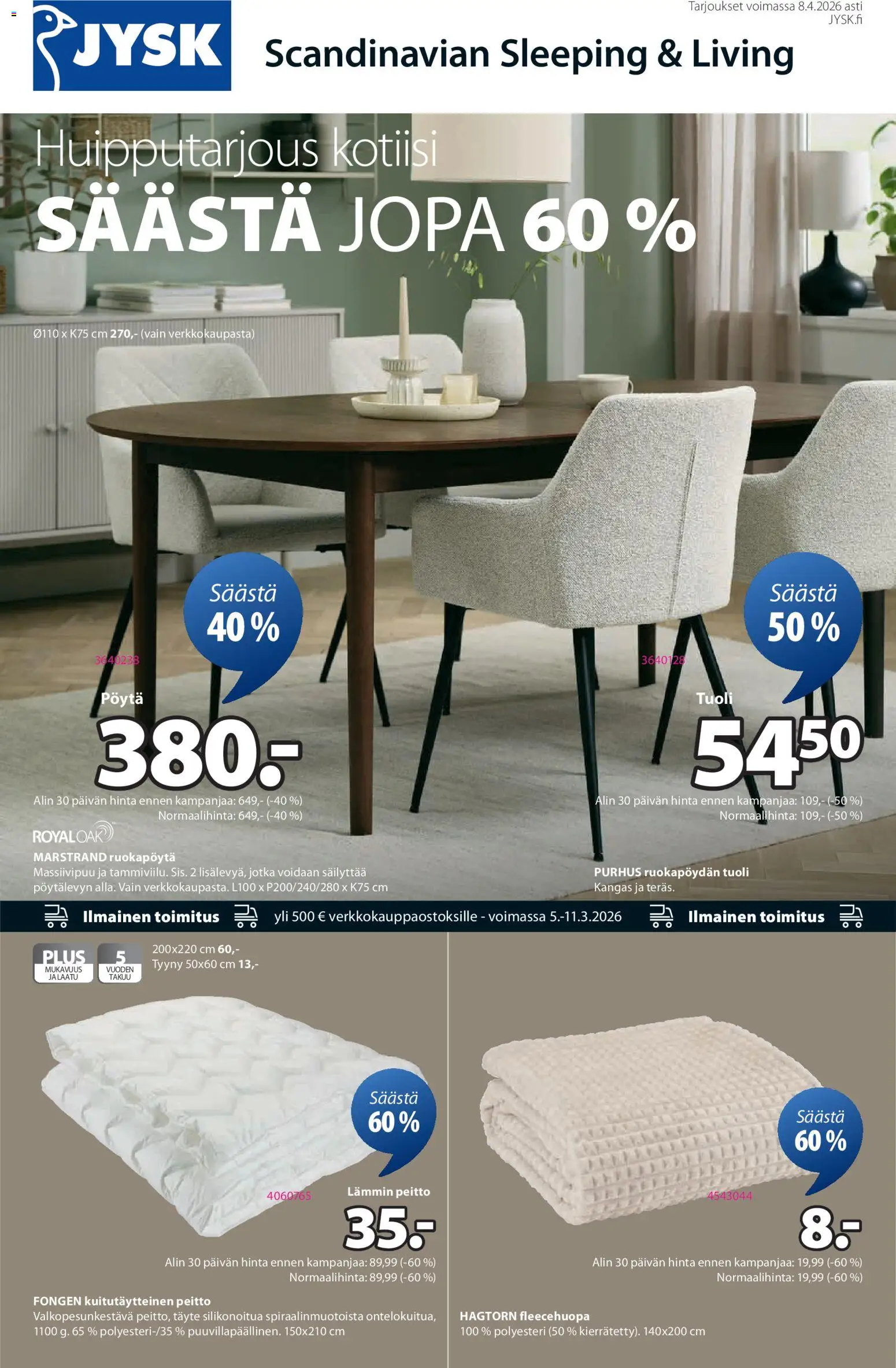 JYSK tarjoukset – voimassa 12.03.2026 alkaen | Sivu: 1 | Tuotteet: Kangas, Pöytä, Tuoli, Peitto