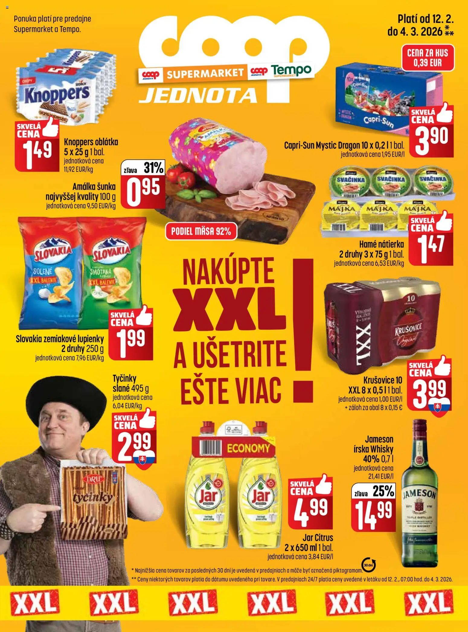 Nové COOP Jednota akcie – leták je platný od 12.02.2026 | Strana: 1 | Produkty: Jameson, Šunka, Smotana, Jar