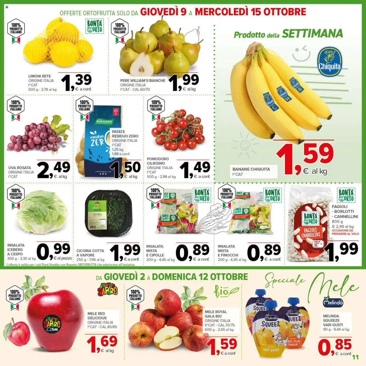Volantino Todis del 02.10.2025 | Pagina: 11 | Prodotti: Mele, Banane, Fagioli, Pomodoro