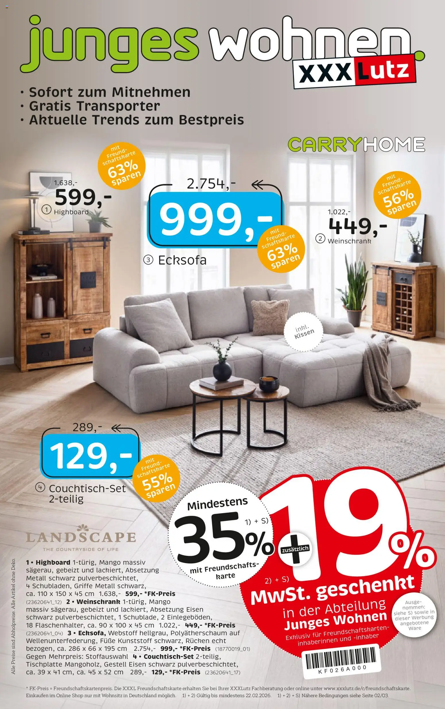 XXXL Lutz Junges Wohnen – gültig ab 08.02.2026 | Seite: 1 | Produkte: Ecksofa, HIghboard, Kissen, Mango
