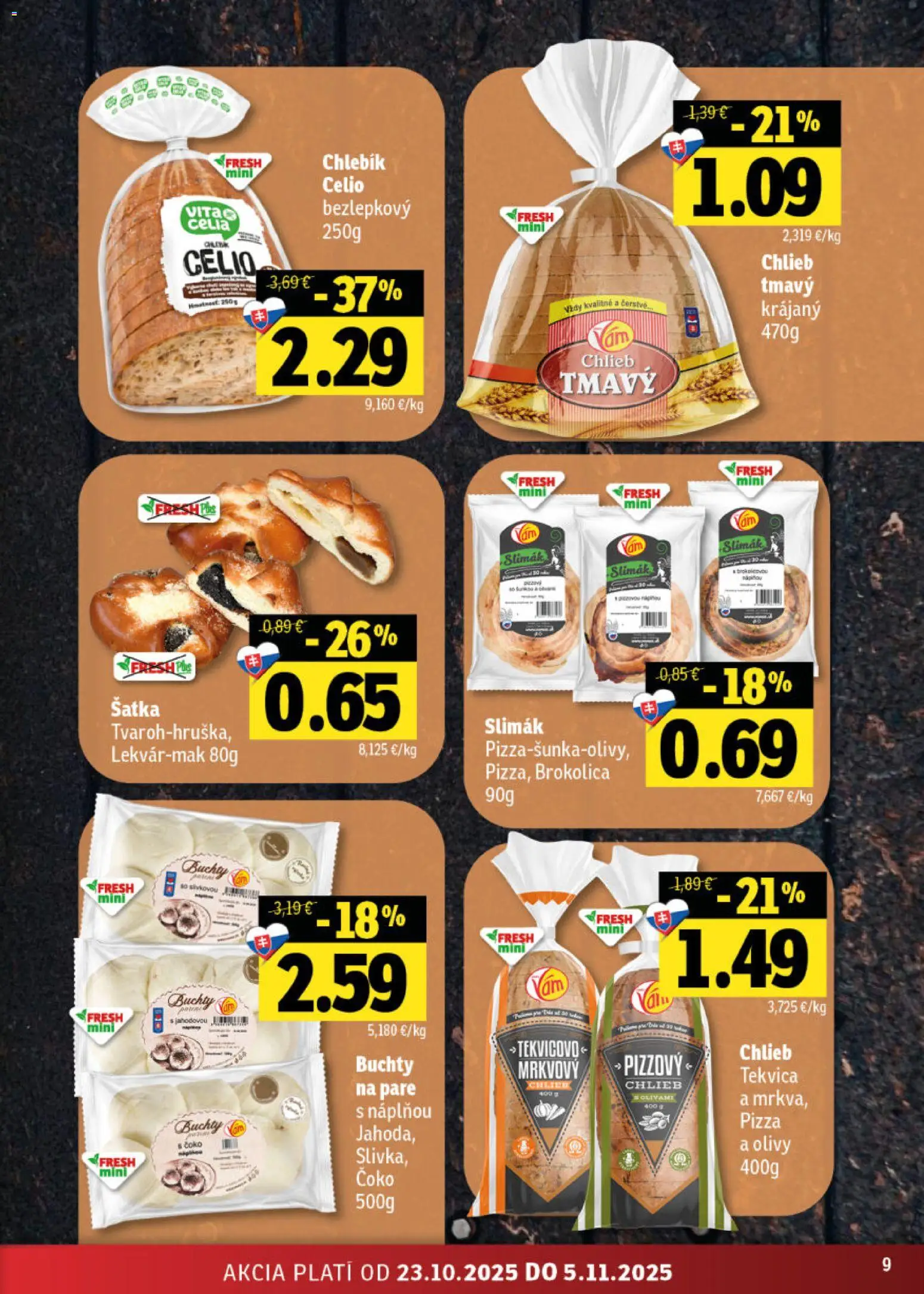 Nové Fresh akcie – leták je platný od 23.10.2025 | Strana: 9 | Produkty: Chlieb, Pizza, Brokolica, Šatka