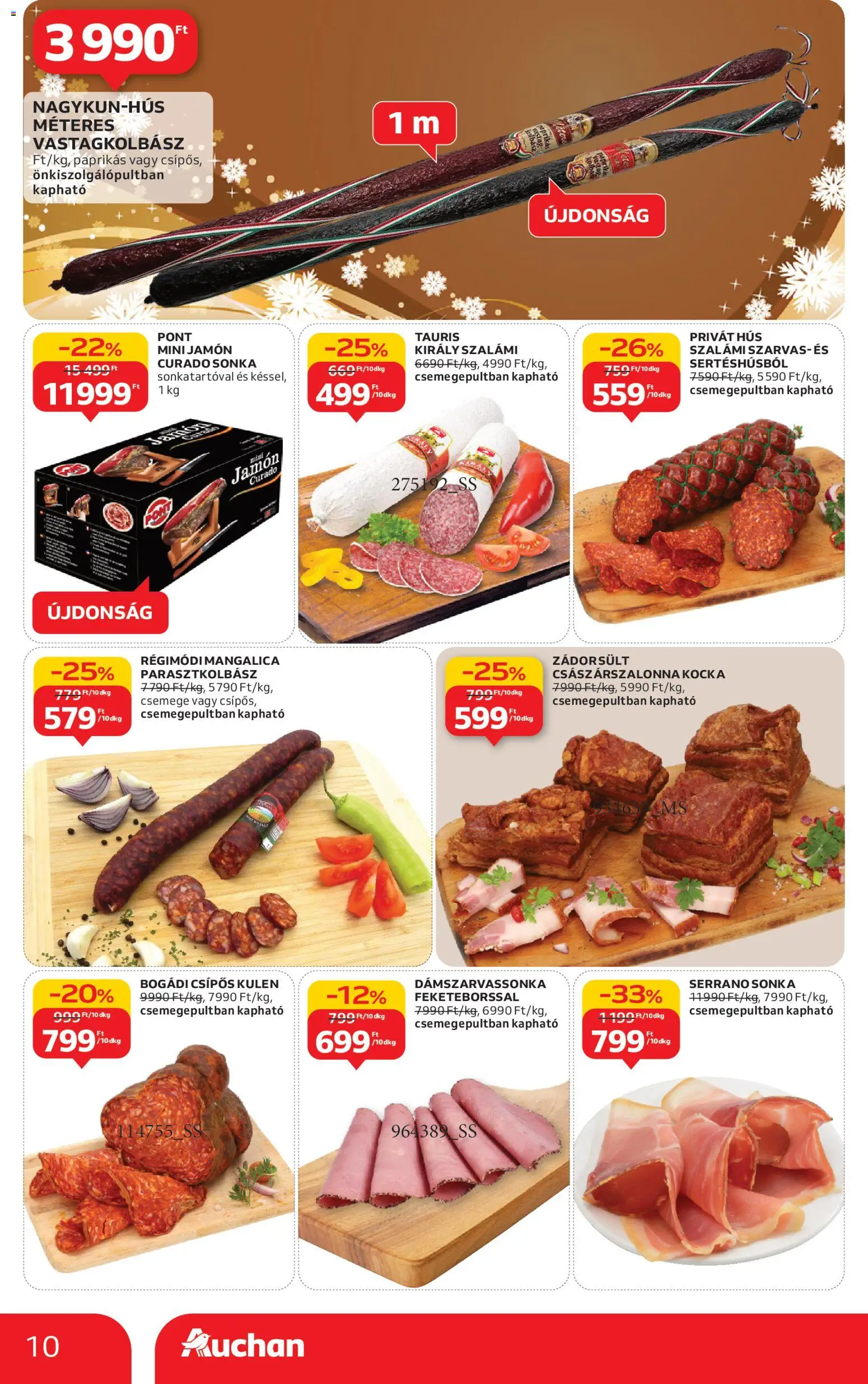 Auchan akciós ujság - amely érvényes a következő dátumtól: 20.11.2025 | Oldal: 10 | Termékek: Hús, Sonka, Császárszalonna, Szalámi