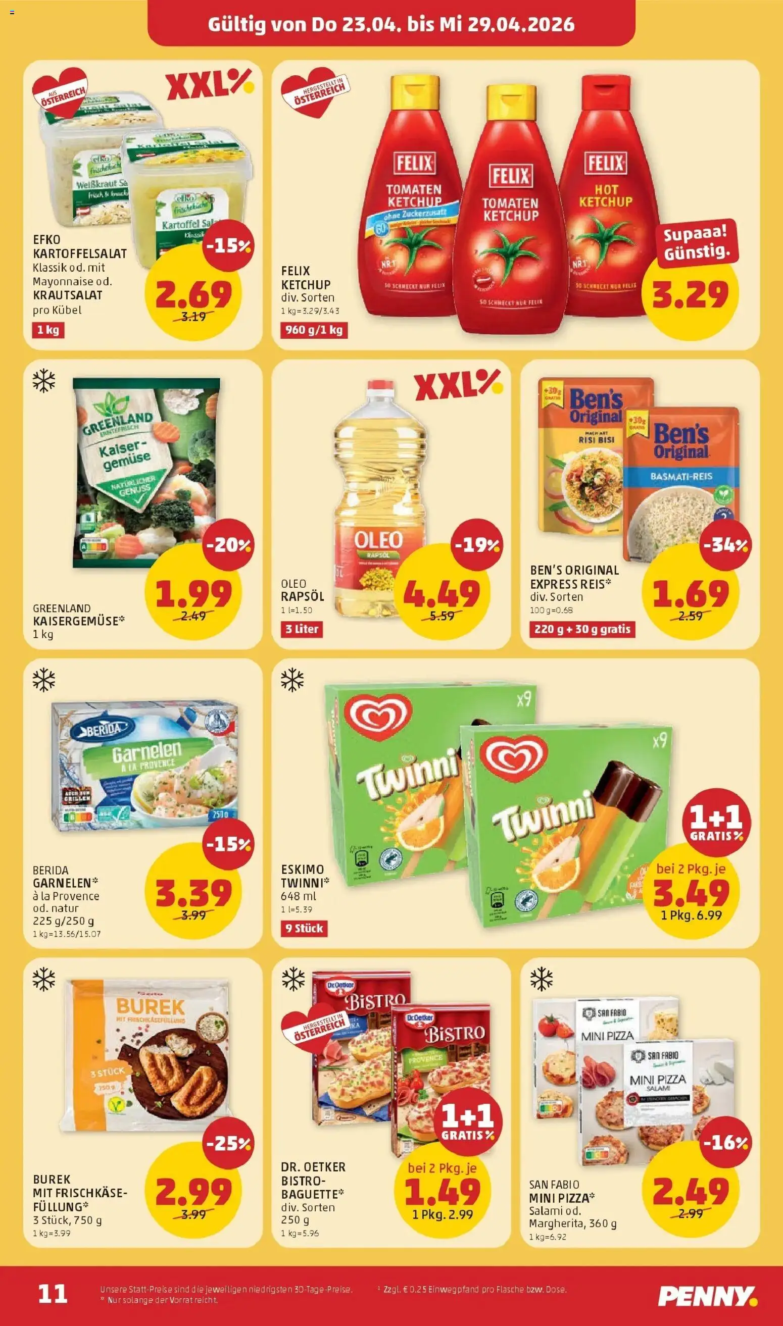 Penny Markt Die ganze Woche sparen gültig ab 23.04.2026 | Seite: 11 | Produkte: Ketchup, Gemüse, Salami, Pizza